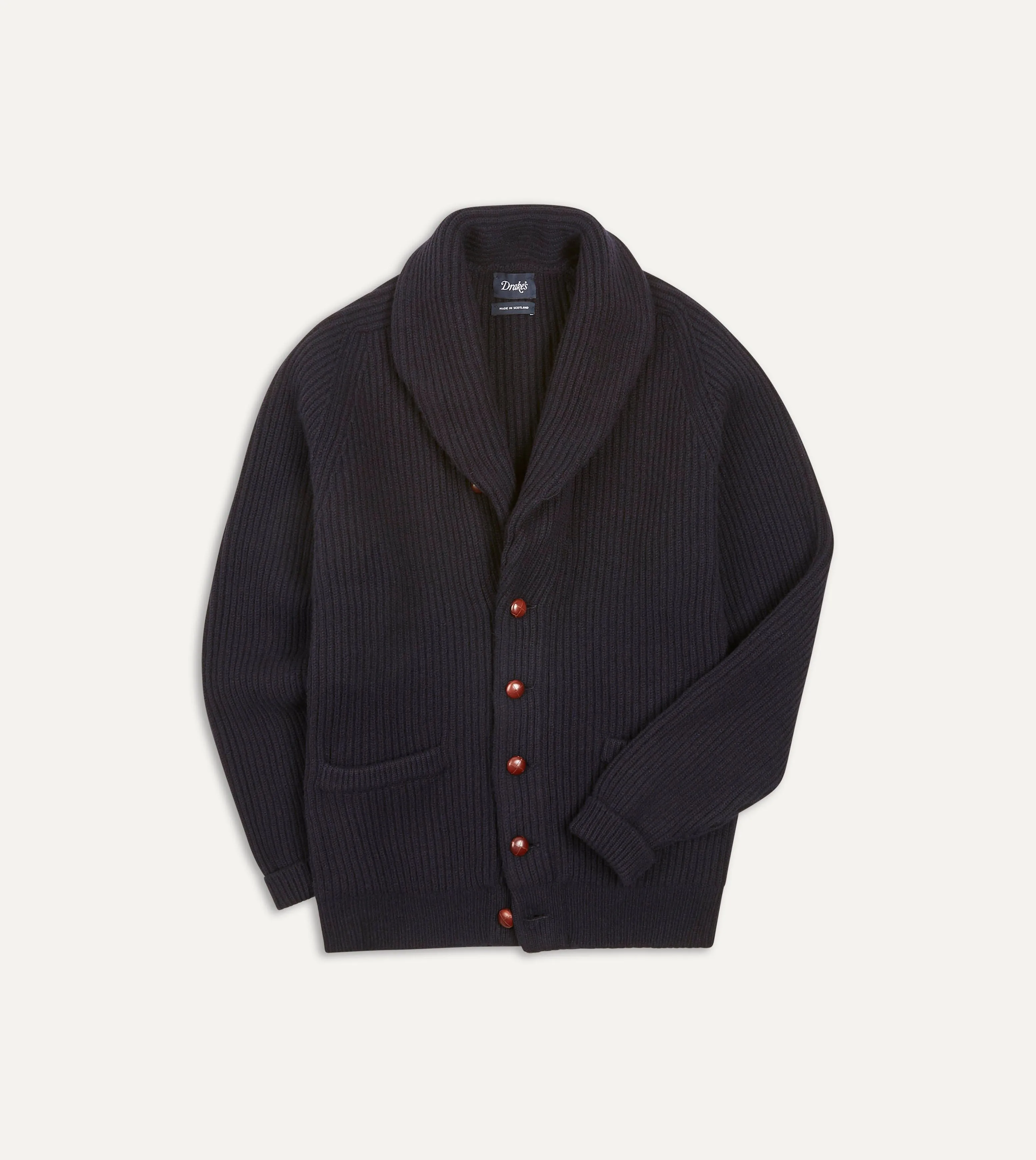 Navy Lambswool Shawl Collar Cardigan sold by Drake's London