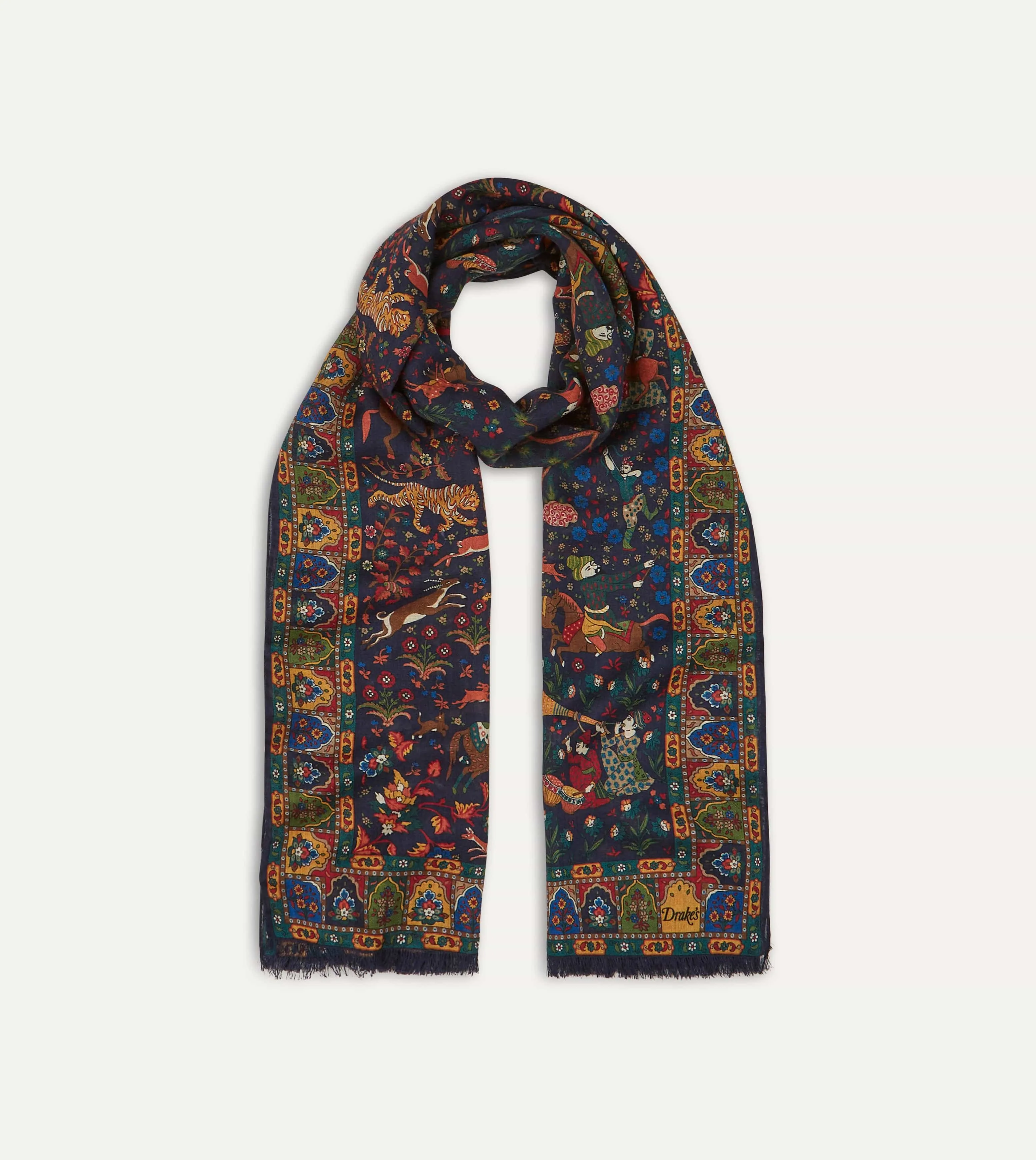 Navy Mughal Hunter Print Wool-Silk Scarf sold by Drake's London product image thumbnail 3