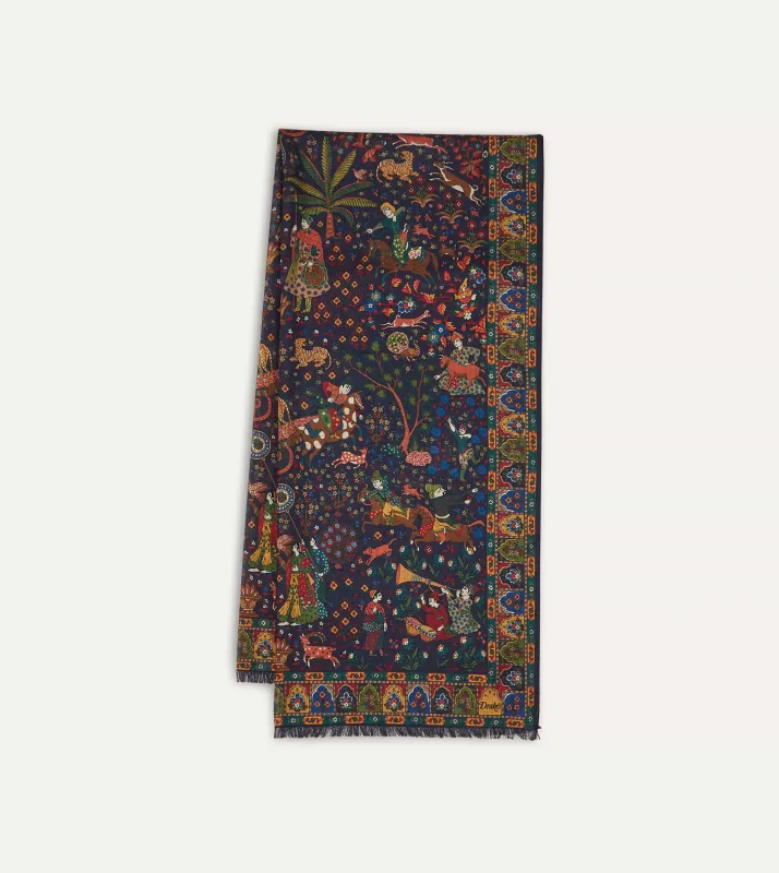 Navy Mughal Hunter Print Wool-Silk Scarf sold by Drake's London