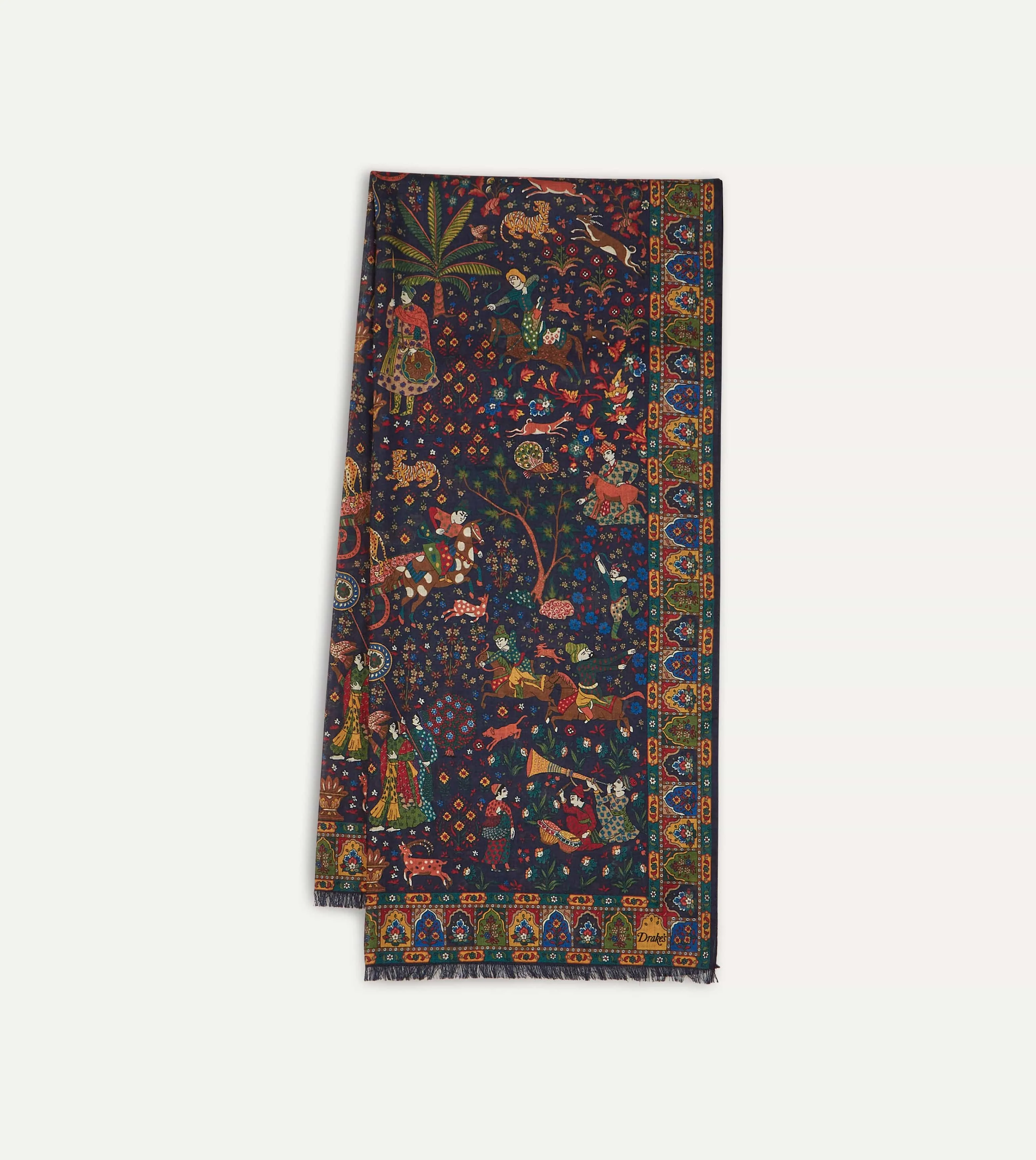Navy Mughal Hunter Print Wool-Silk Scarf sold by Drake's London