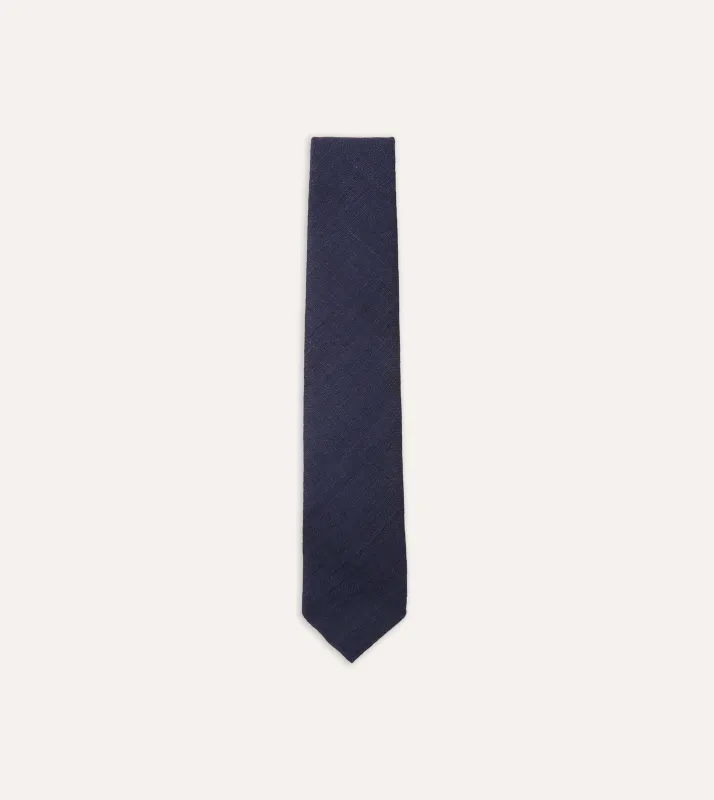 Navy Tussah Hand Rolled Silk Tie sold by Drake's London