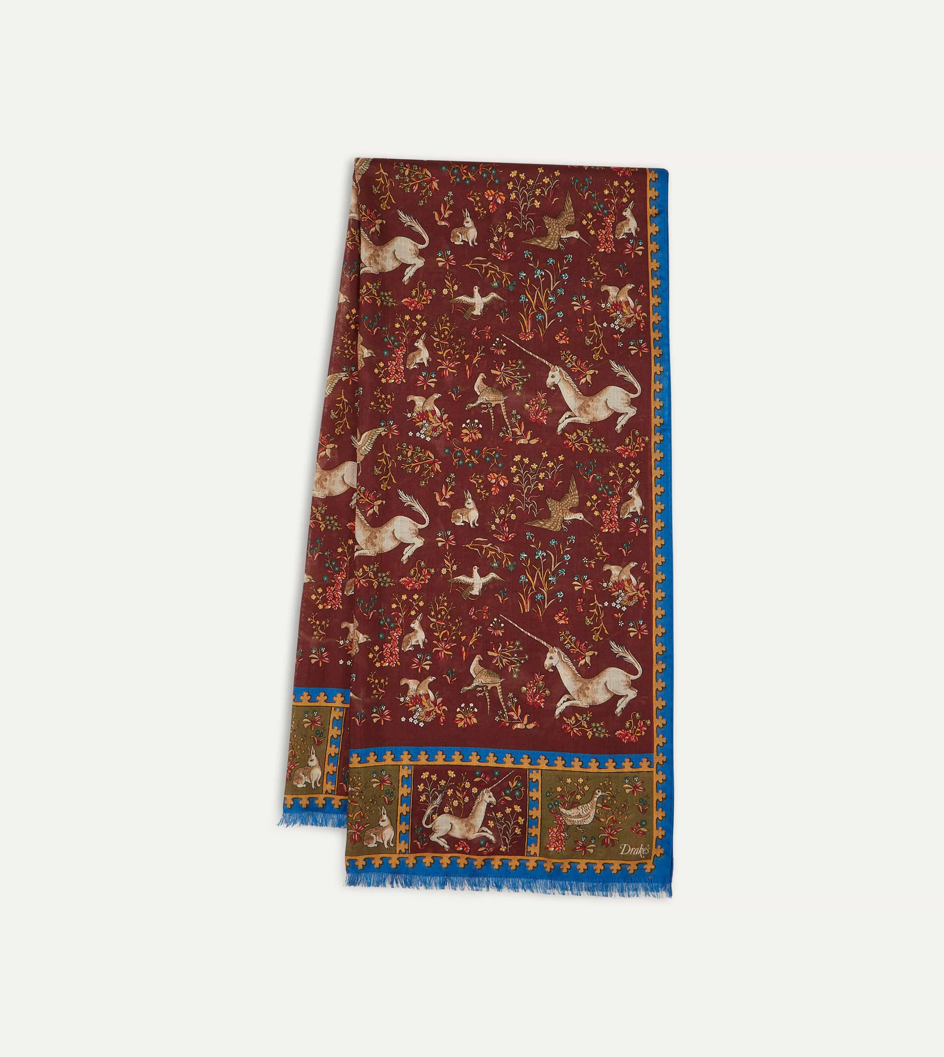 Burgundy Unicorn Print Wool-Silk Scarf sold by Drake's London