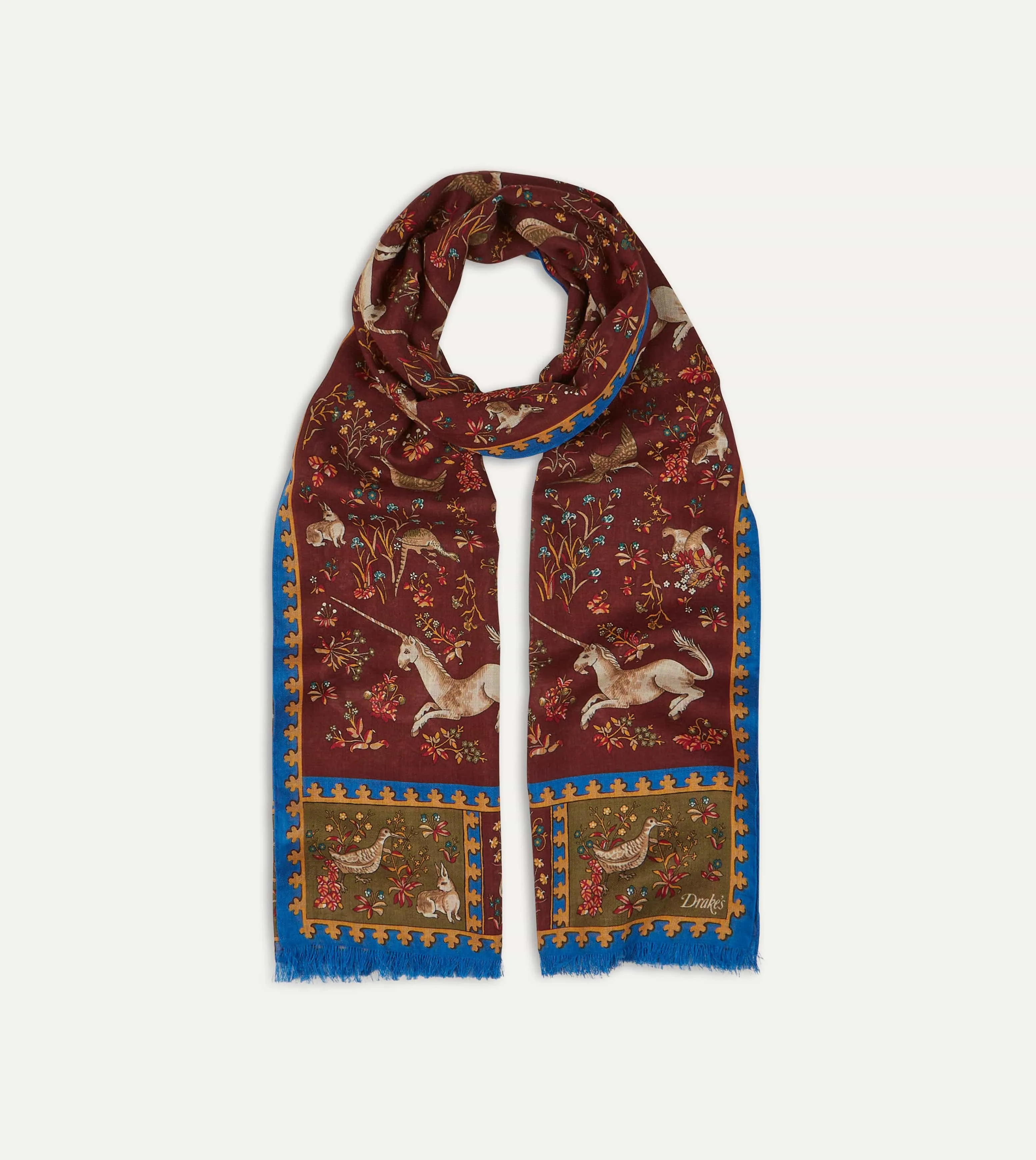 Burgundy Unicorn Print Wool-Silk Scarf sold by Drake's London product image thumbnail 4