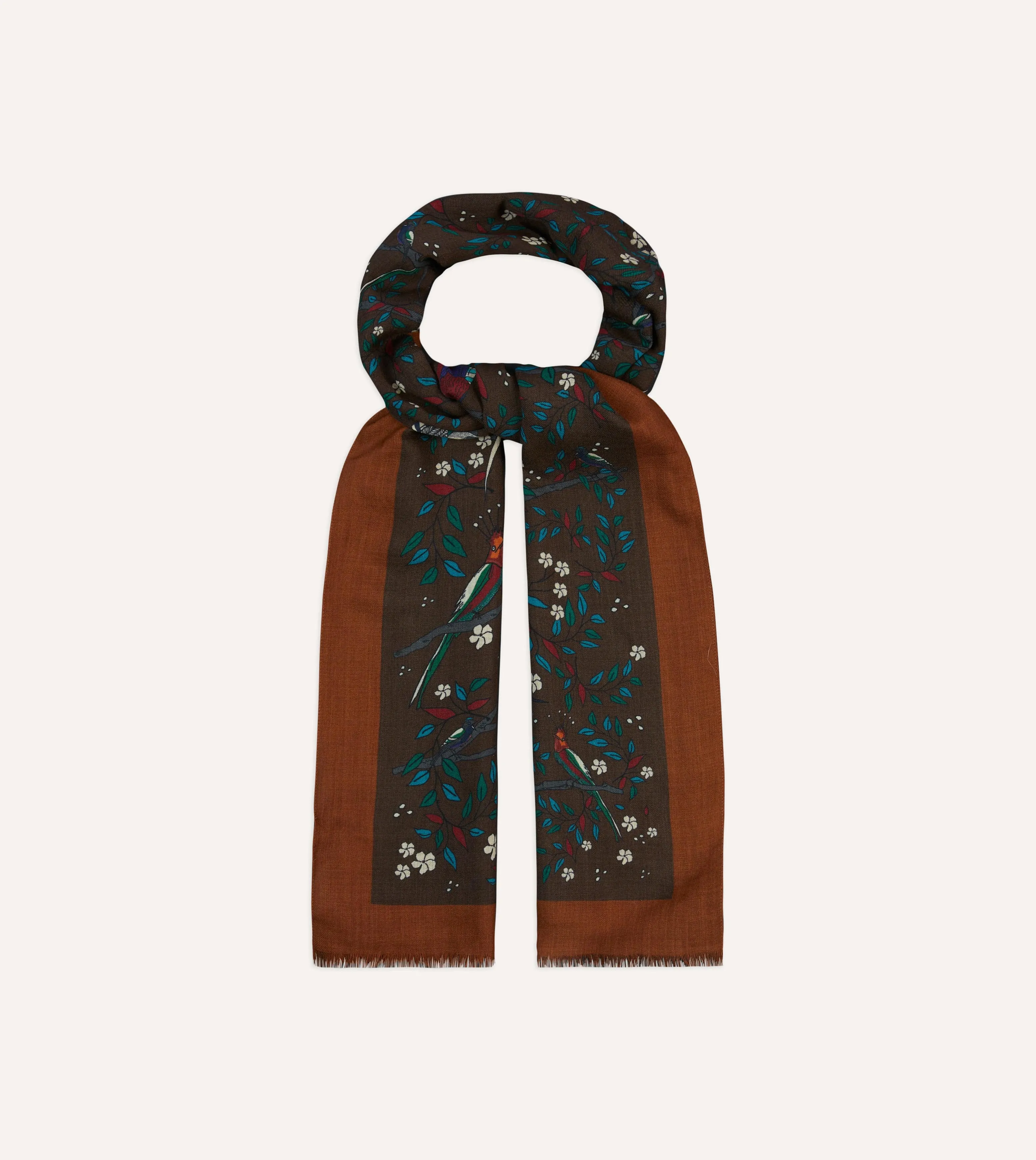 Brown Birds of Paradise Print Wool Scarf sold by Drake's London product image thumbnail 3
