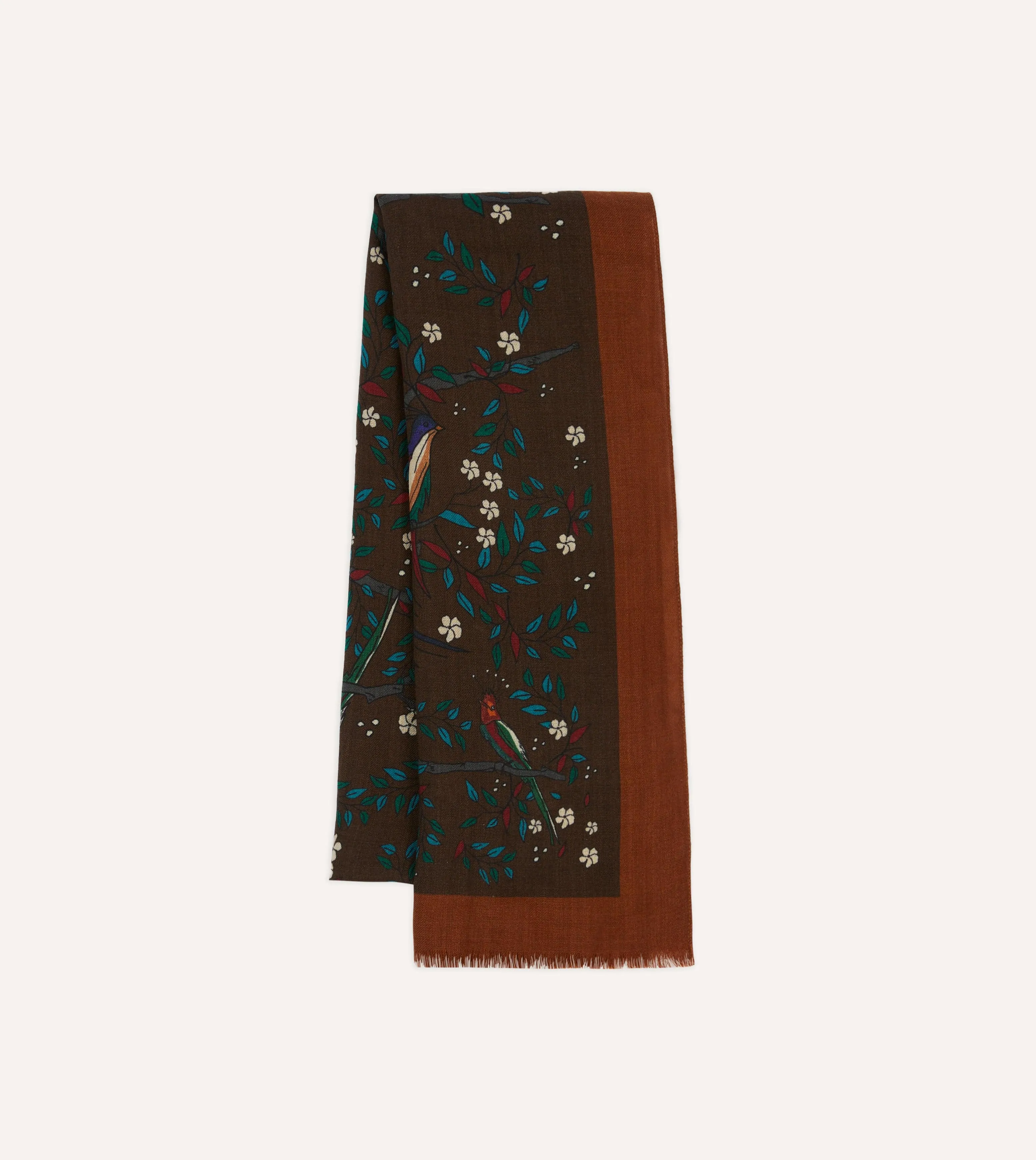 Brown Birds of Paradise Print Wool Scarf sold by Drake's London