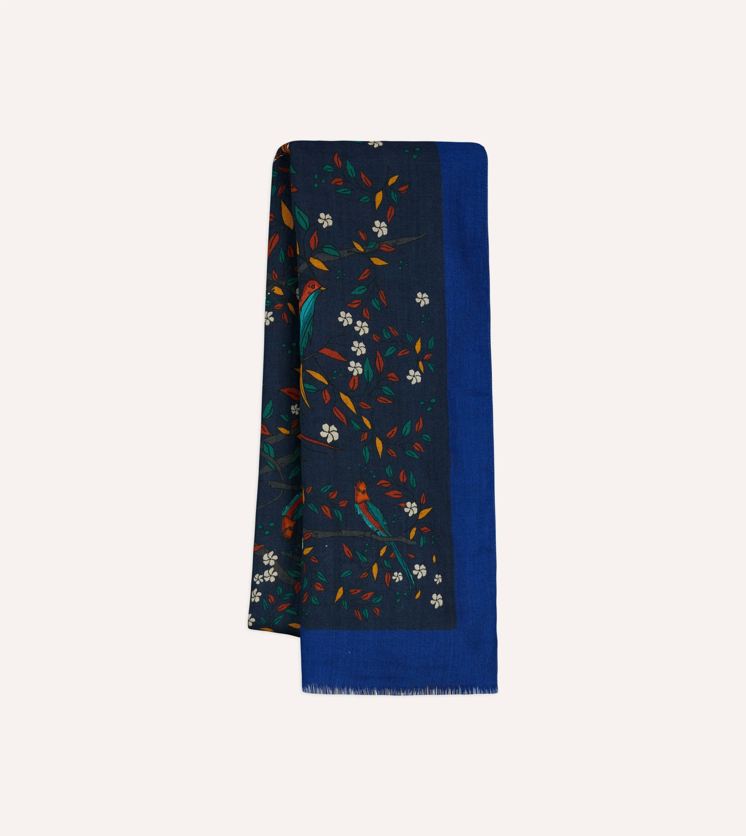 Navy Birds of Paradise Print Wool Scarf sold by Drake's London