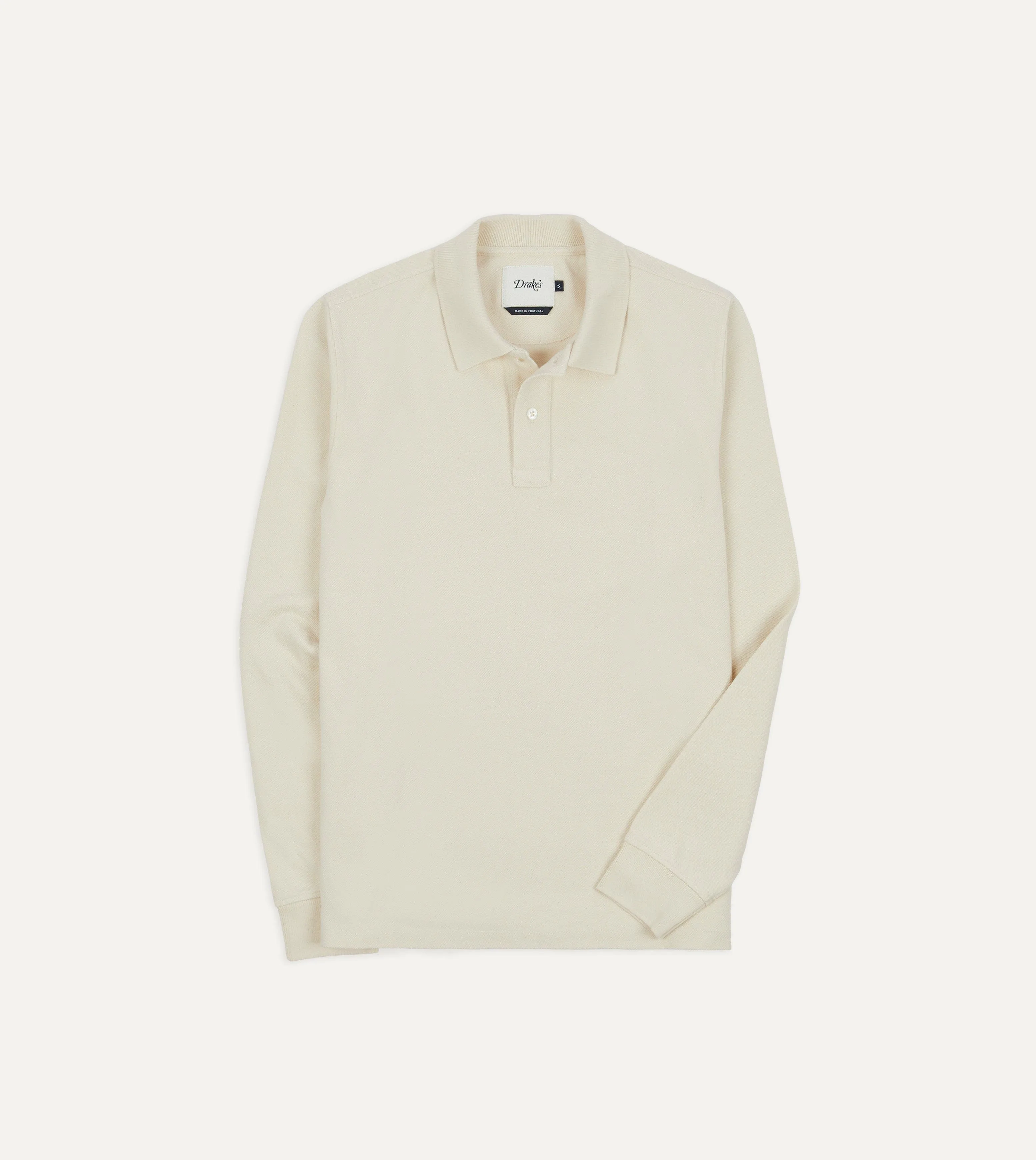 Ecru Pique Cotton Long-Sleeve Polo Shirt sold by Drake's London