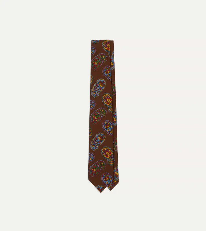Brown Large Paisley Print Silk Self Tipped Tie sold by Drake's London