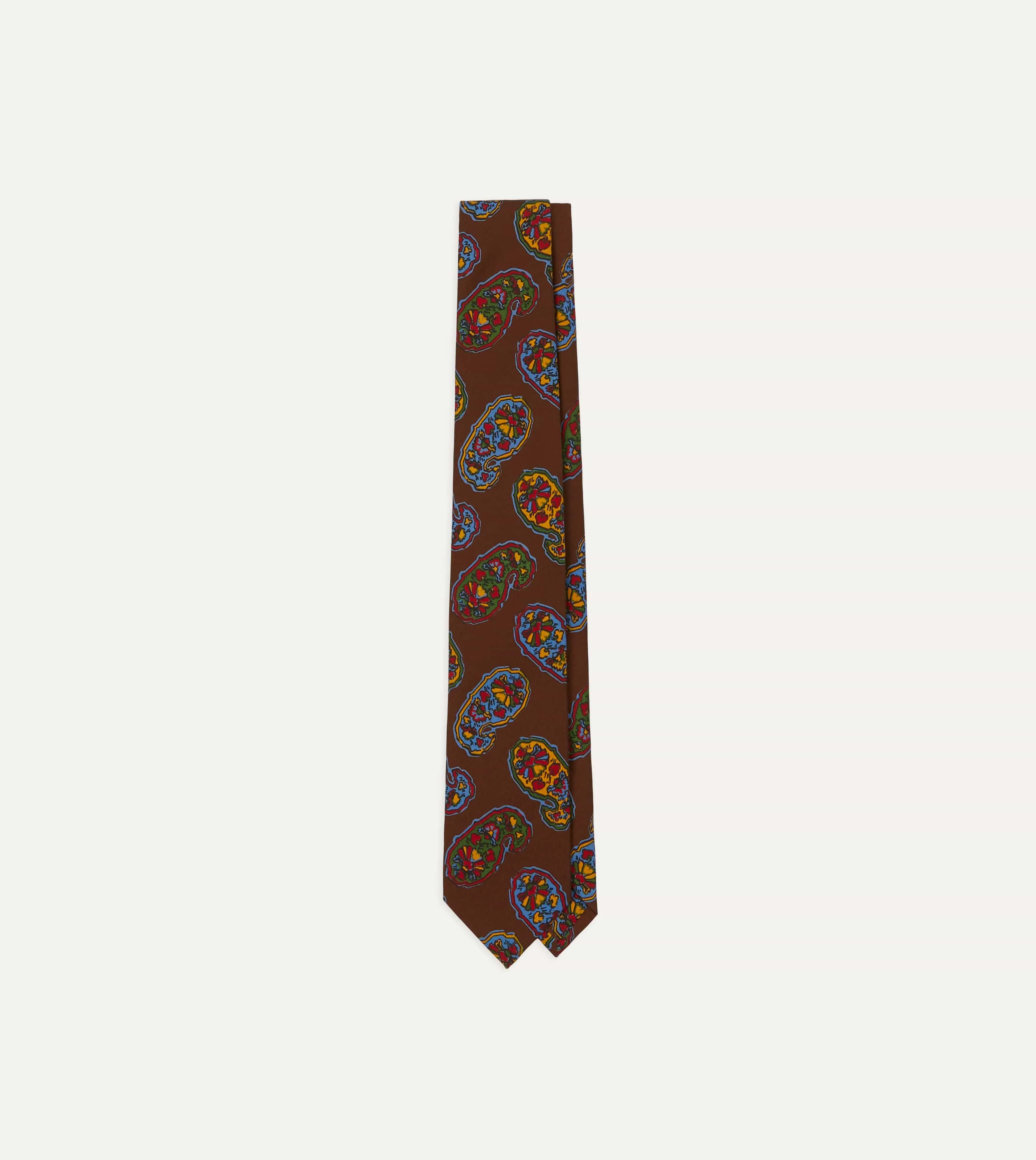 Brown Large Paisley Print Silk Self Tipped Tie sold by Drake's London