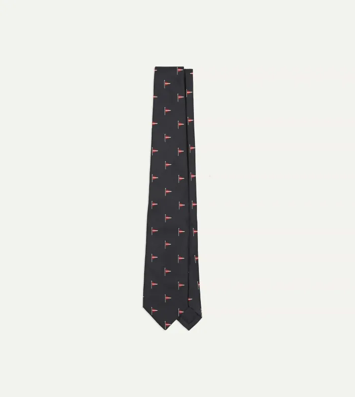 Navy Red Pennant Motif Silk Tipped Tie sold by Drake's London