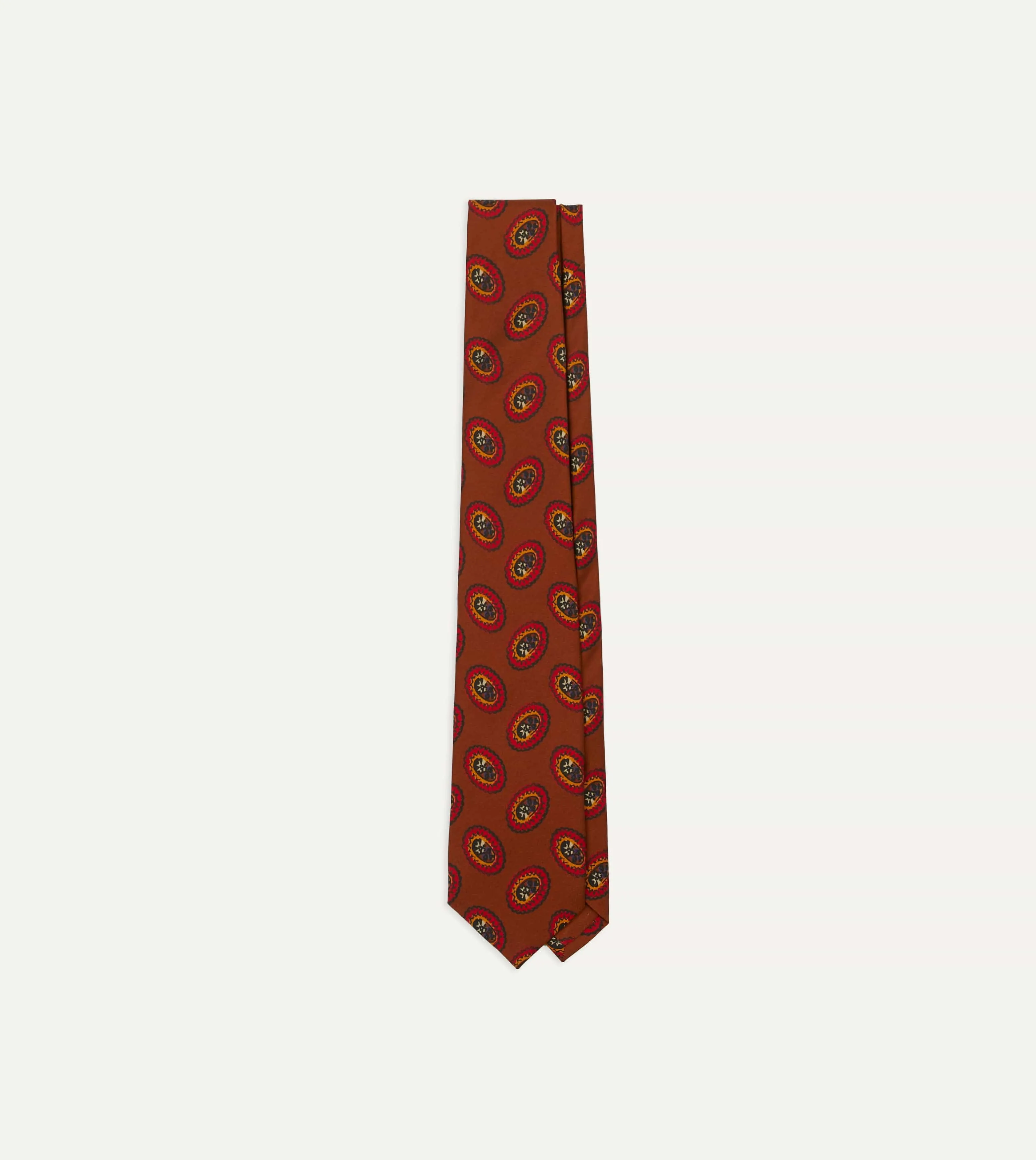 Brown Oval Medallion Print Silk Self Tipped Tie sold by Drake's London