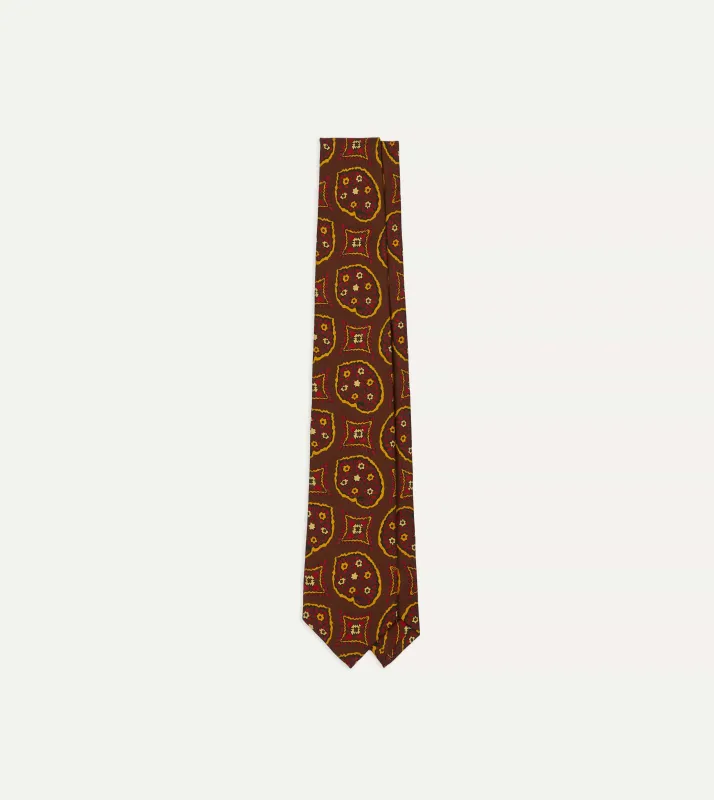 Brown Exploded Paisley Print Silk Self Tipped Tie sold by Drake's London