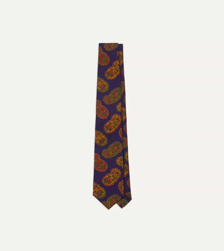 Purple Large Paisley Print Silk Self Tipped Tie sold by Drake's London