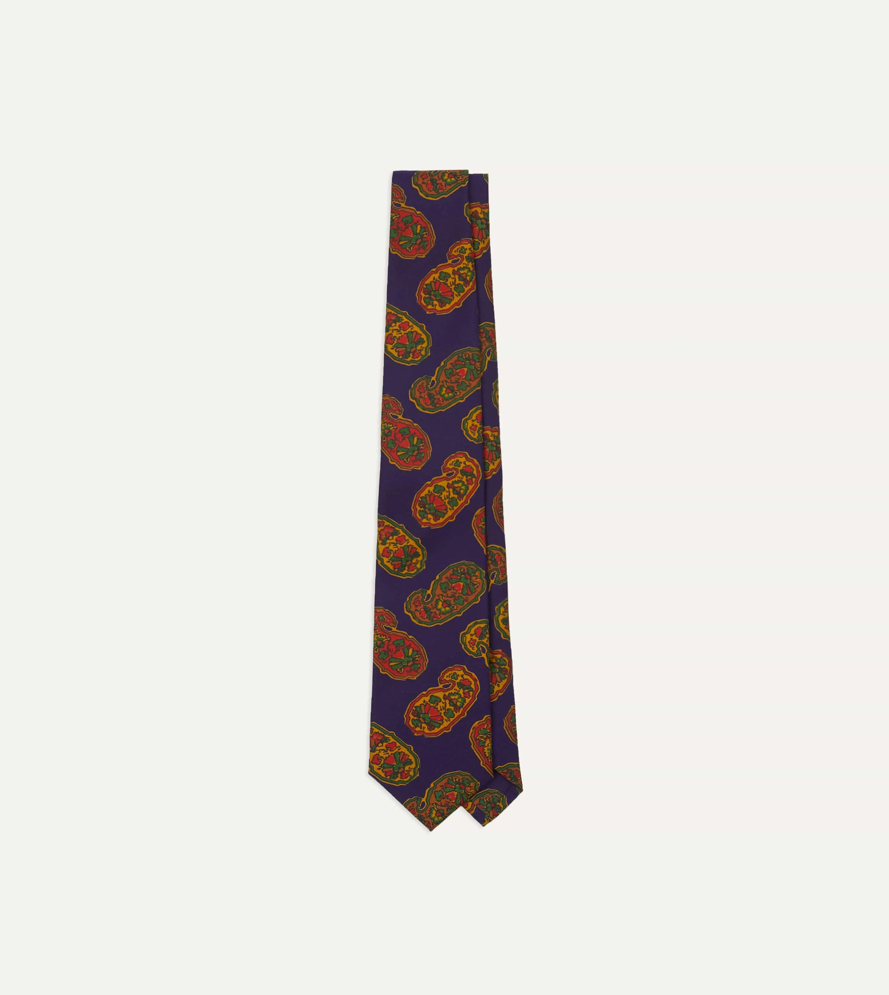 Purple Large Paisley Print Silk Self Tipped Tie sold by Drake's London