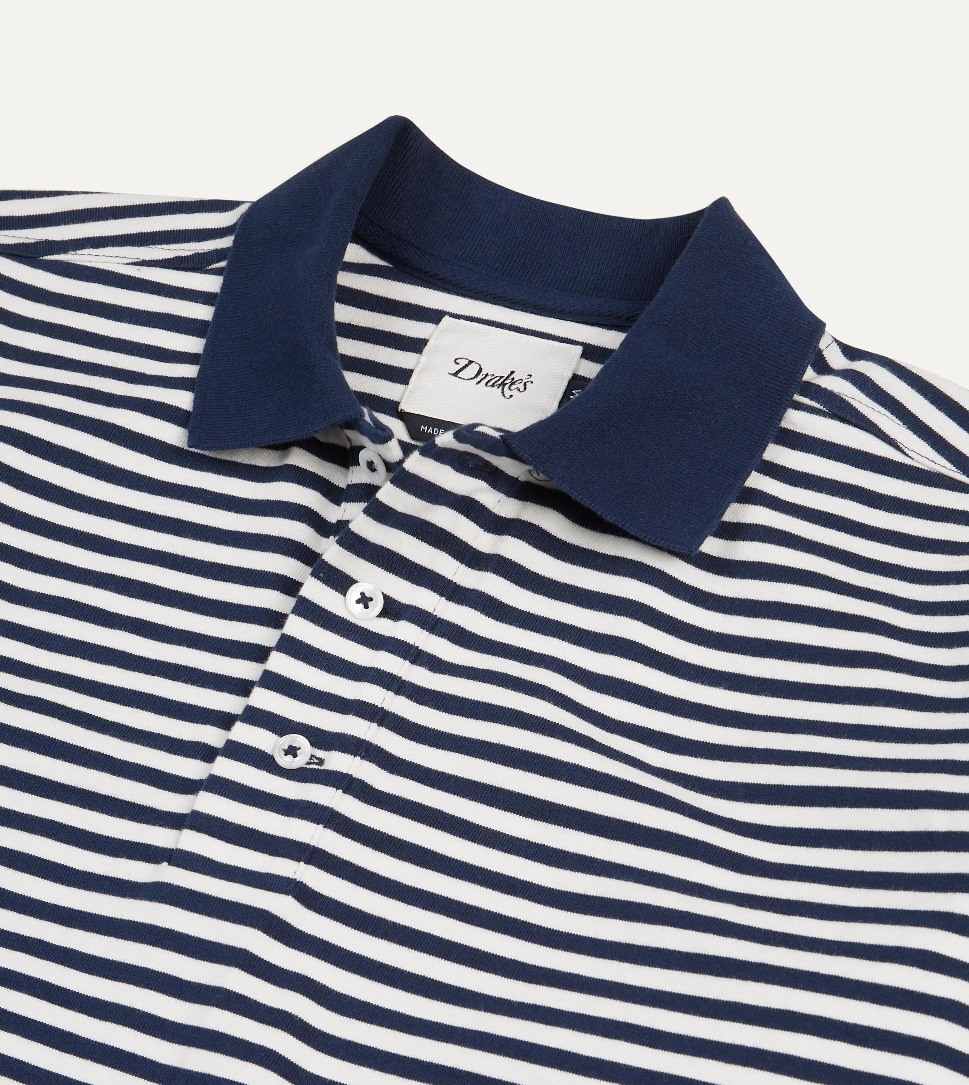 Navy and Ecru Stripe Knitted Jersey Cotton Long-Sleeve Polo Shirt sold by Drake's London product image thumbnail 4