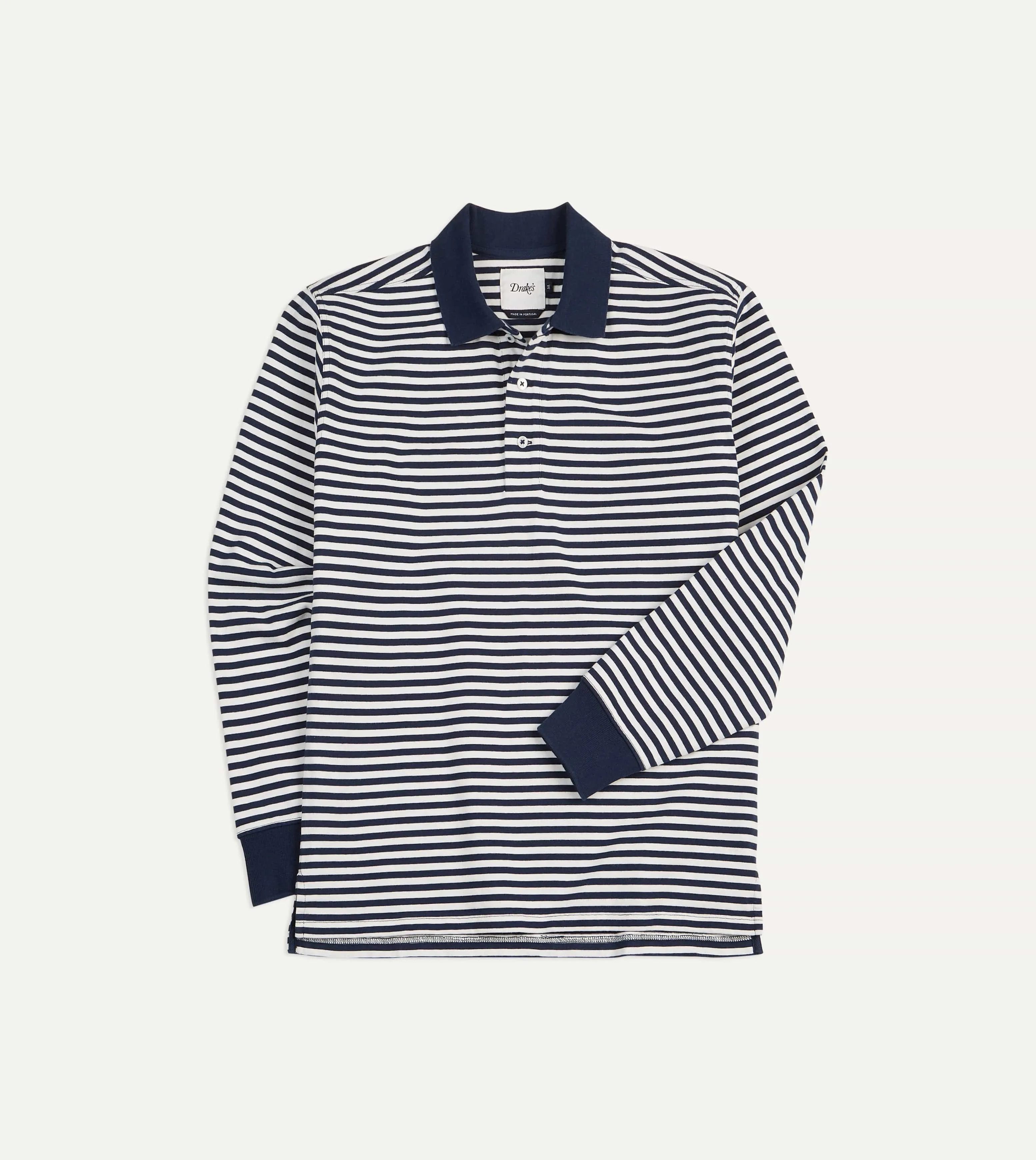 Navy and Ecru Stripe Knitted Jersey Cotton Long-Sleeve Polo Shirt sold by Drake's London