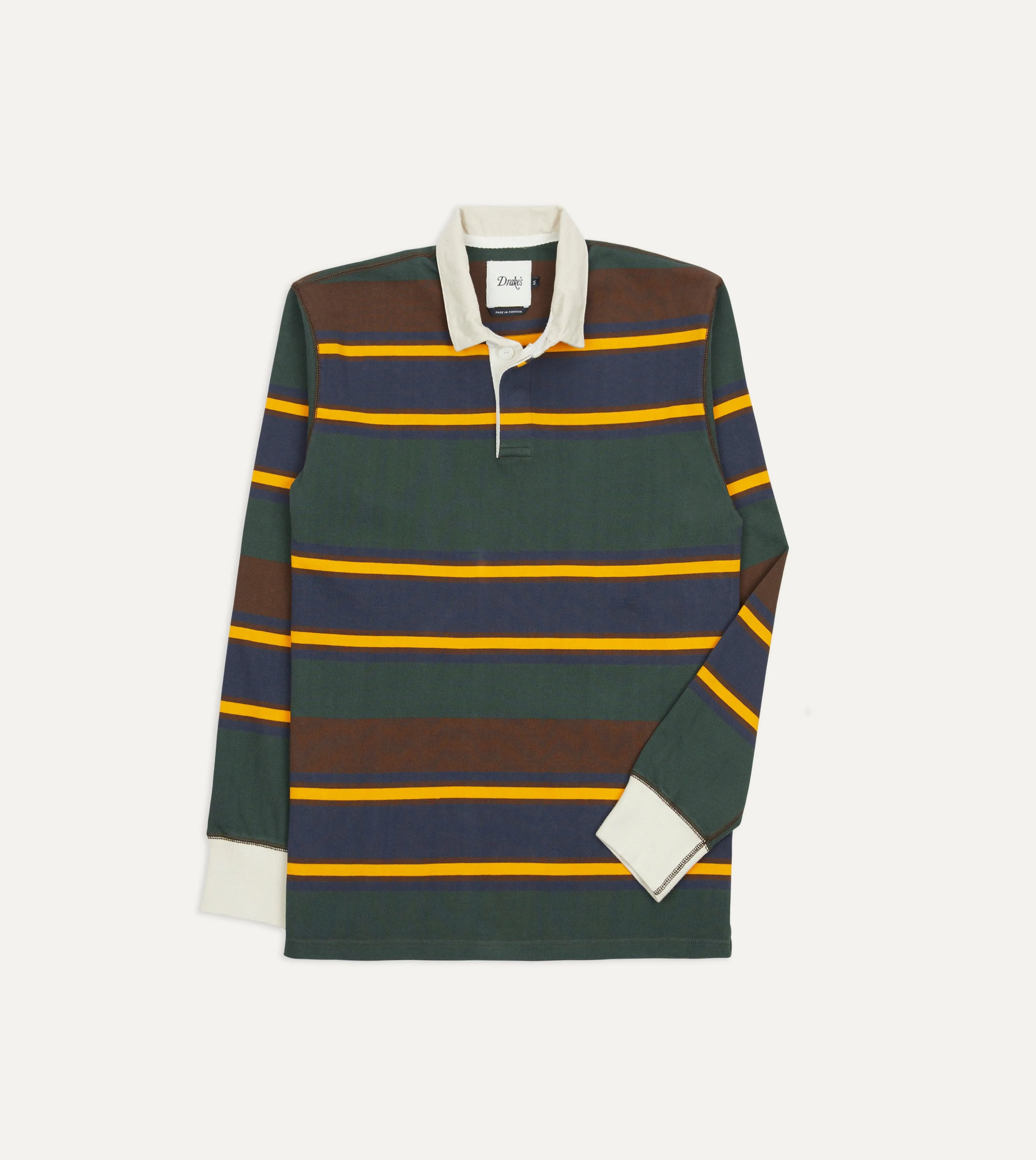 Green, Navy and Gold Stripe Cotton Rugby Shirt sold by Drake's London
