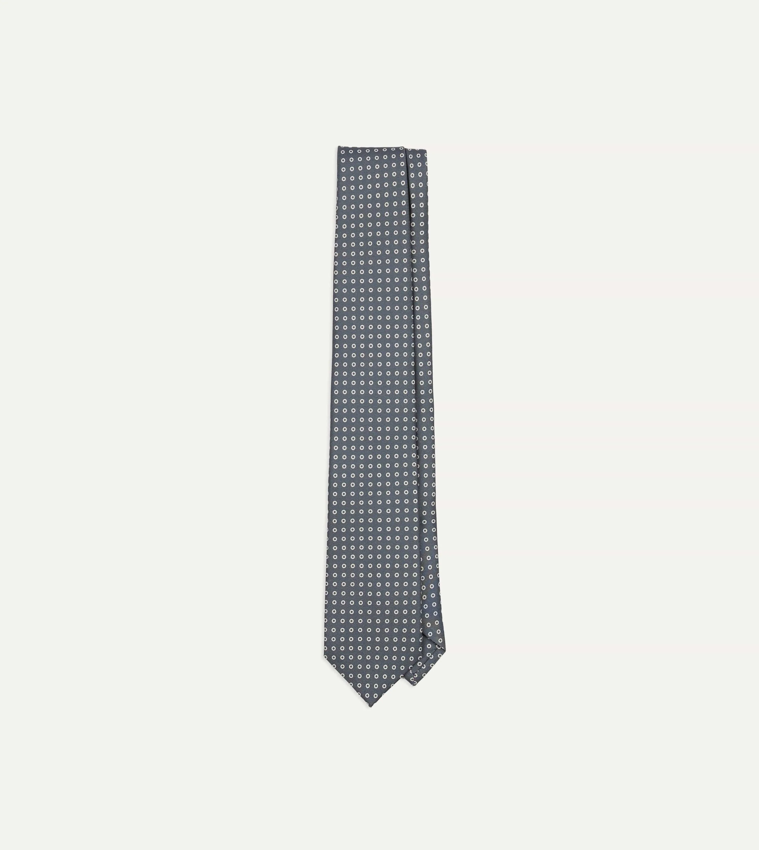 Grey Mini Circular Dot Silk Self Tipped Tie sold by Drake's London