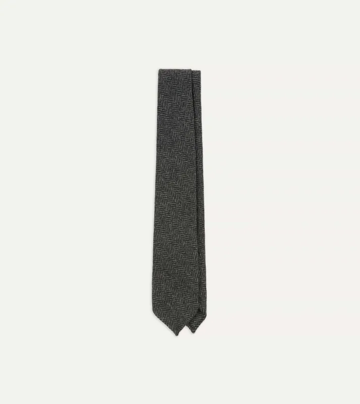 Grey Herringbone Hand Rolled Wool Tie sold by Drake's London