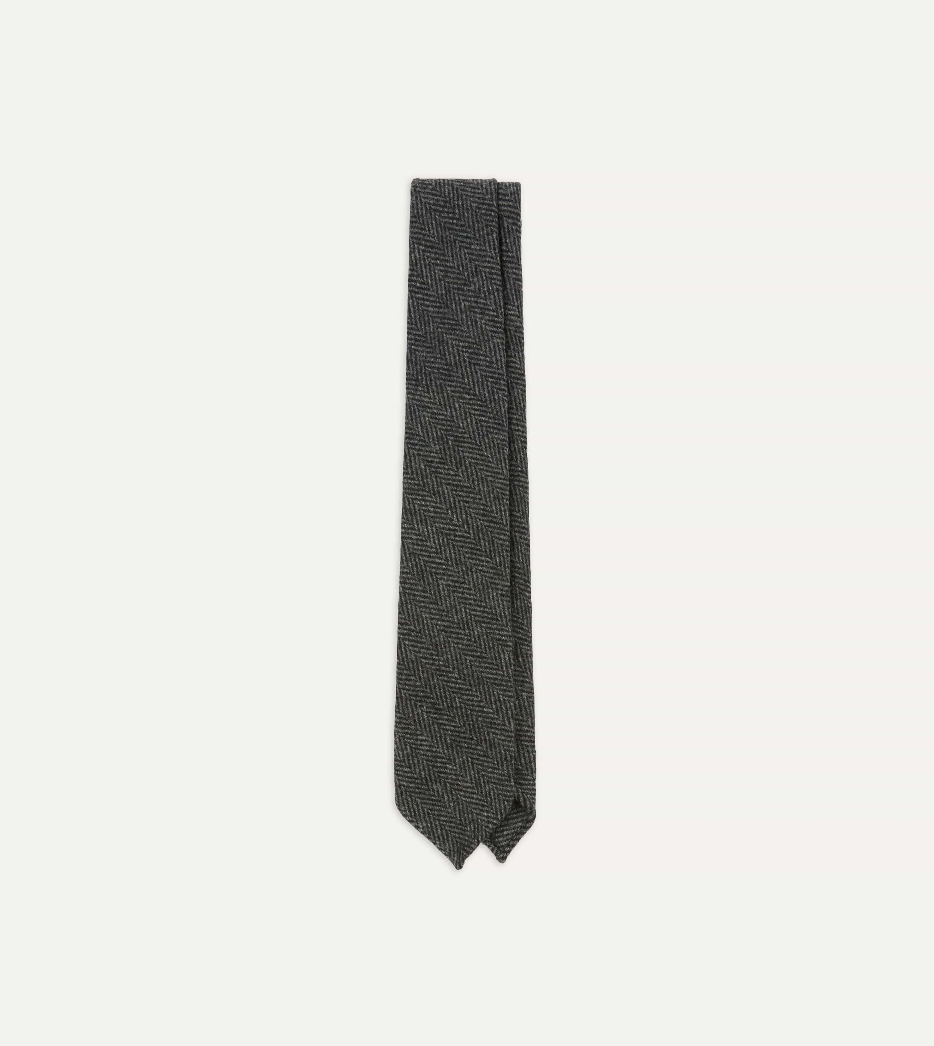 Grey Herringbone Hand Rolled Wool Tie sold by Drake's London