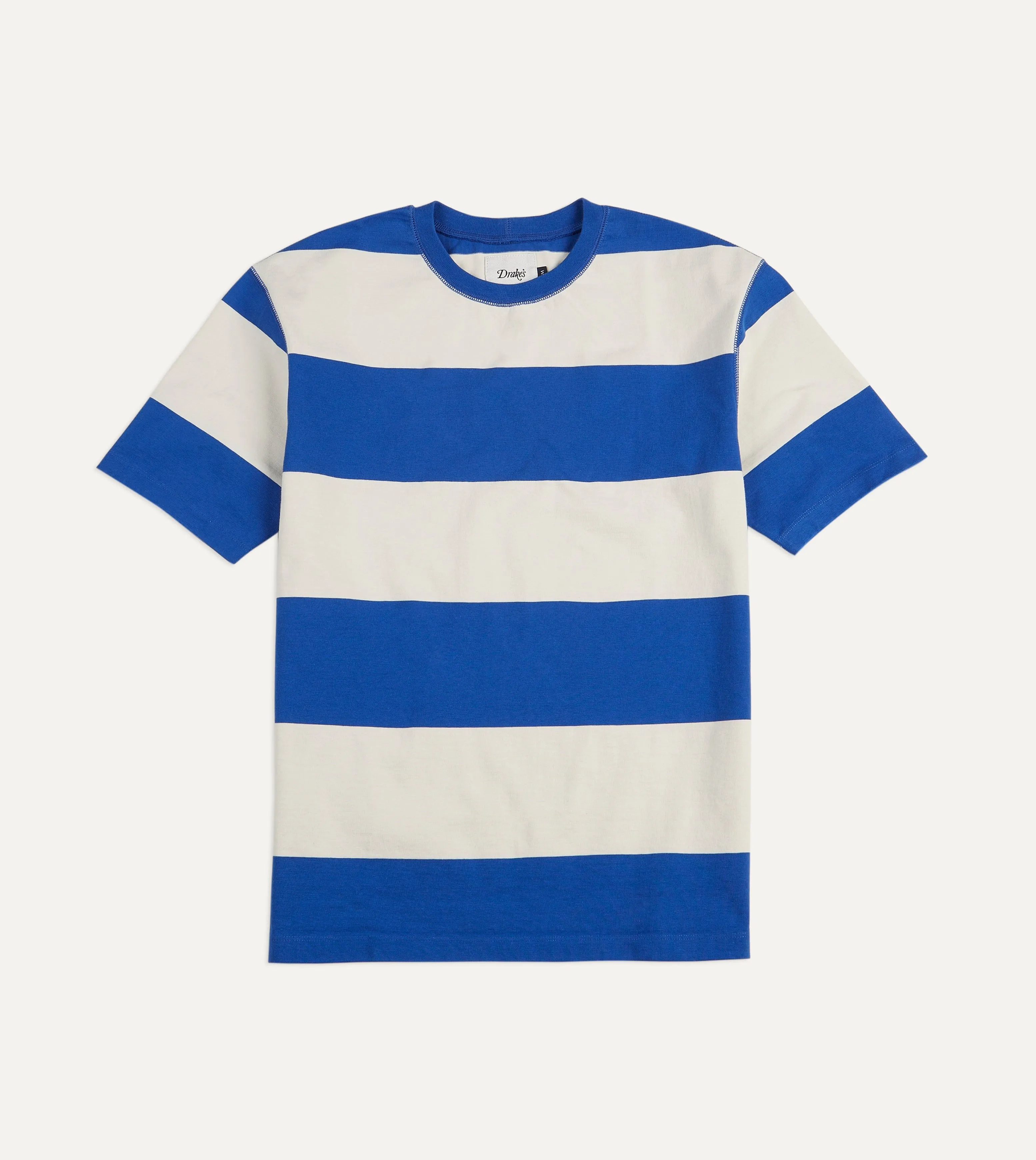 Blue and White Wide Stripe Heavy Cotton Crew Neck Hiking T-Shirt sold by Drake's London