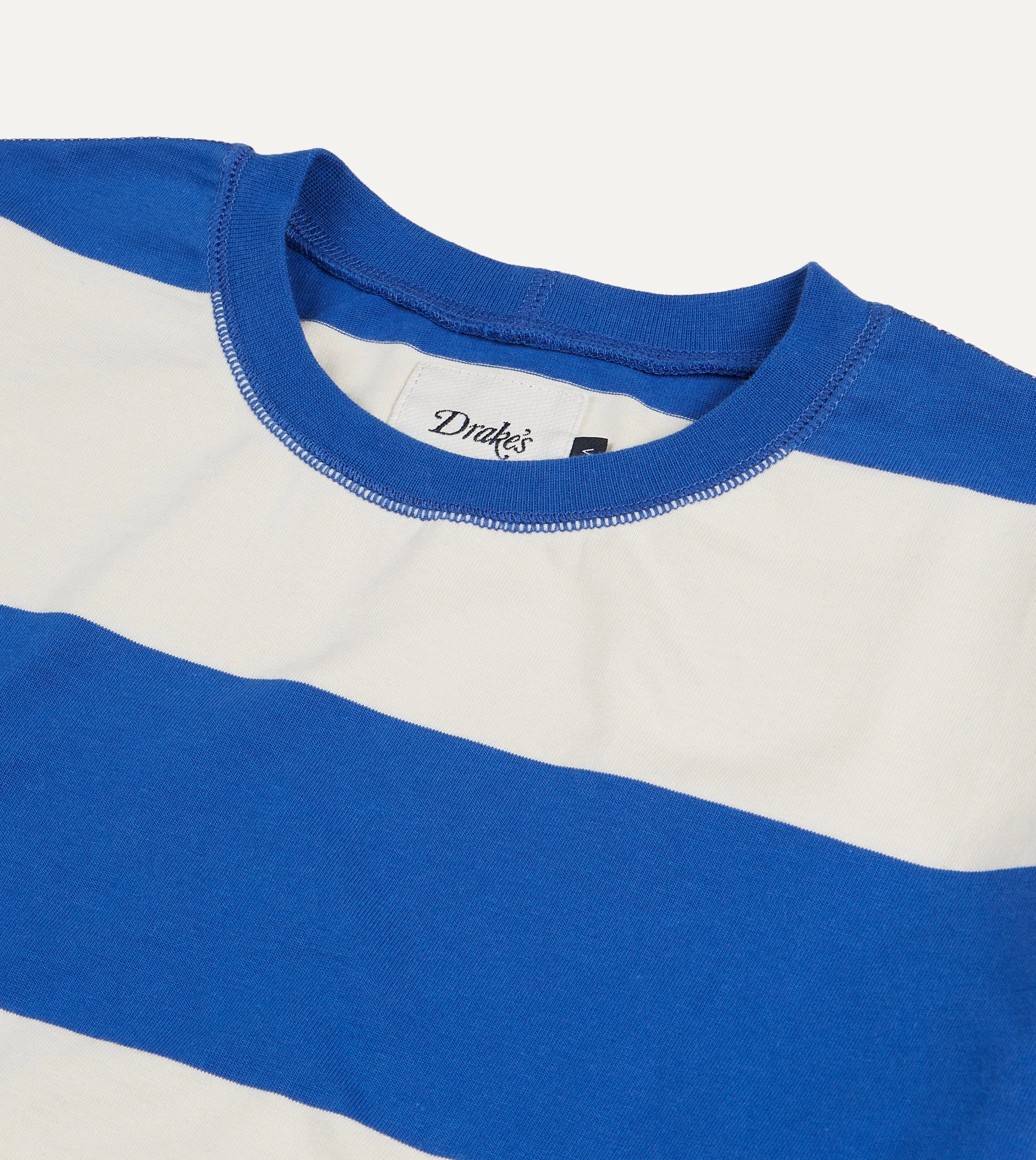 Blue and White Wide Stripe Heavy Cotton Crew Neck Hiking T-Shirt sold by Drake's London product image thumbnail 4