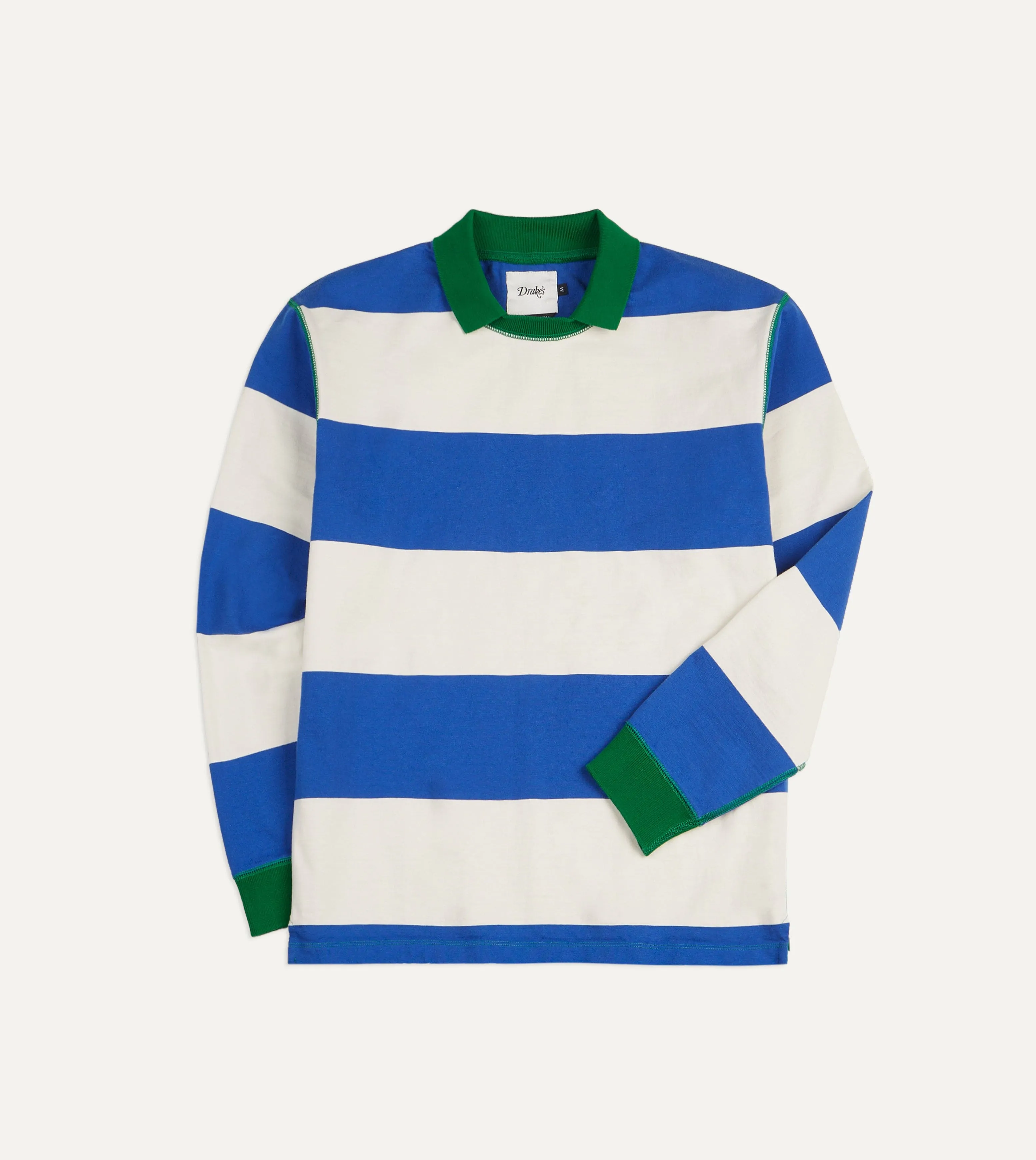 Blue and White Wide Stripe Mock Collar Long-Sleeve Jersey sold by Drake's London