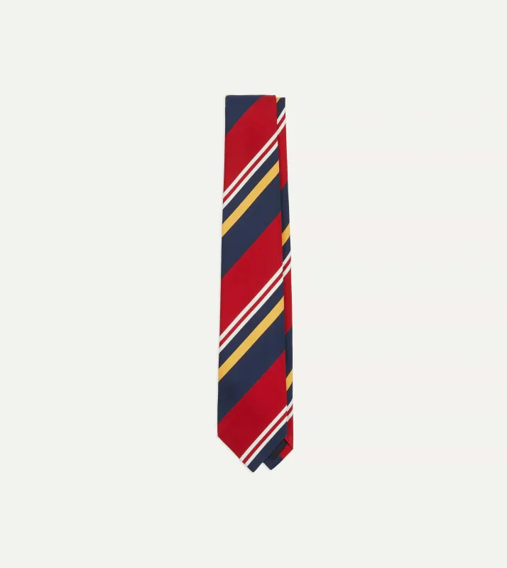 Navy, Red and Yellow Baiadera Stripe Mogador Tipped Tie sold by Drake's London