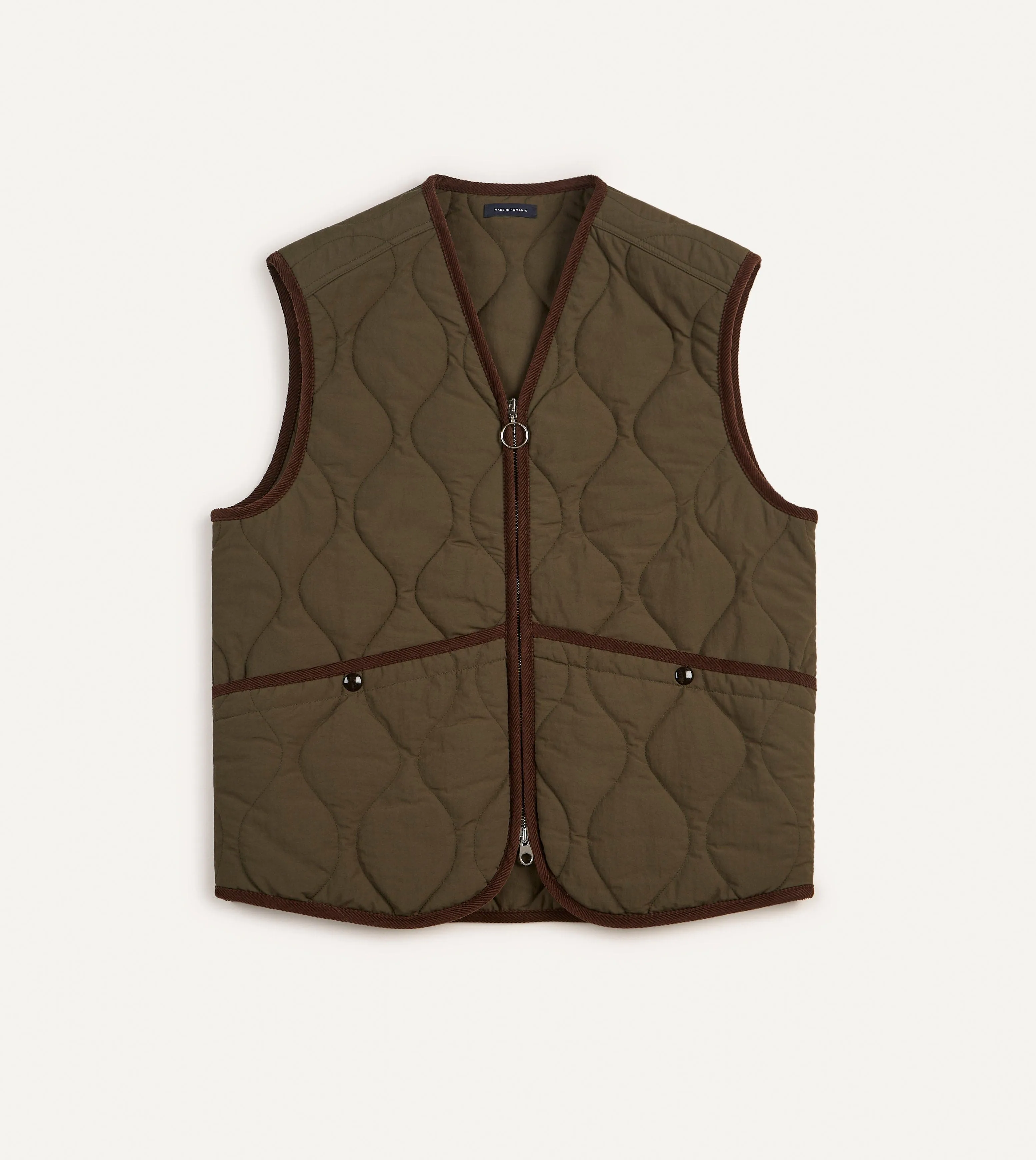 Olive Quilted Nylon Zip Vest sold by Drake's London