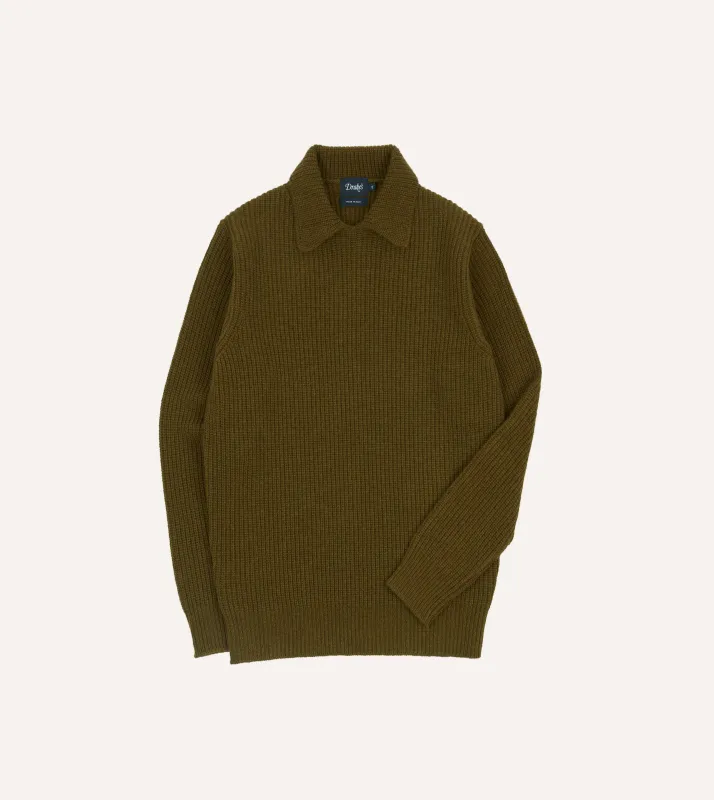 Olive Green Alpaca Lambswool Ribbed Integral Collar Jumper sold by Drake's London