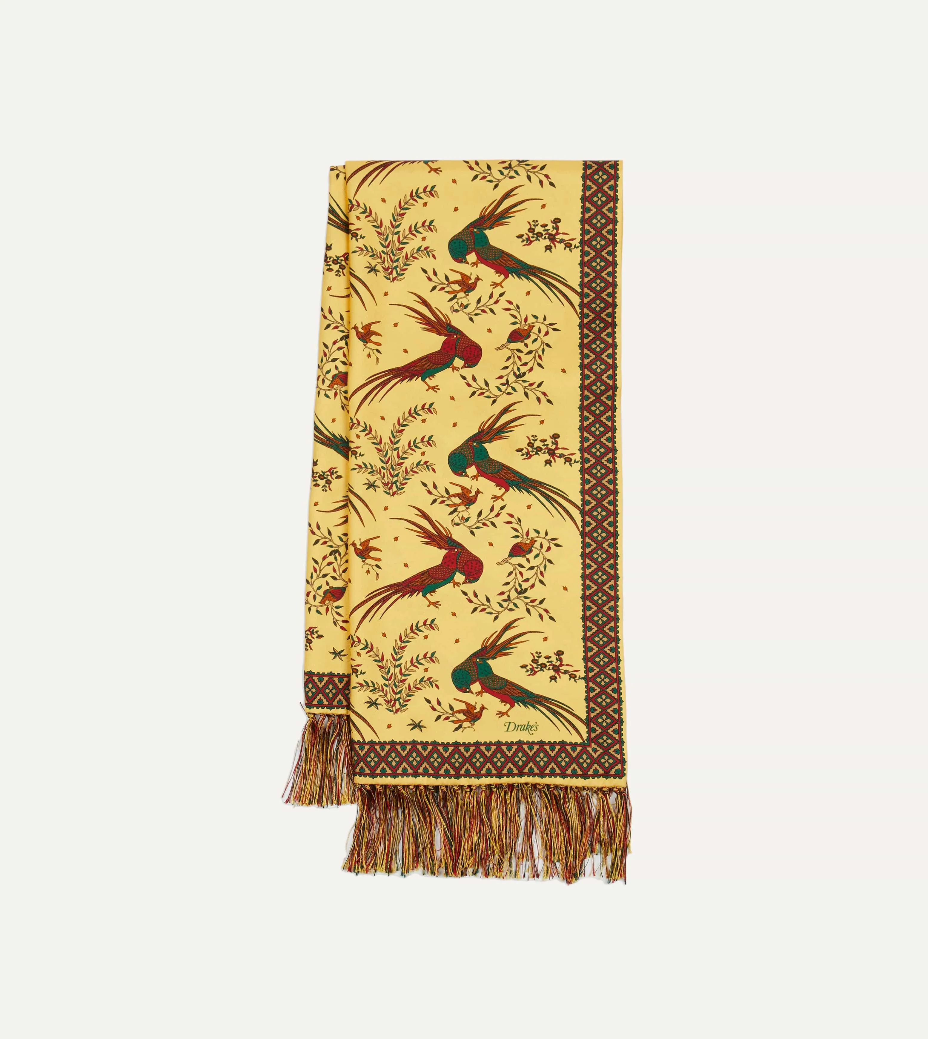 Gold Birds of Paradise Print Tubular Silk Tasselled Scarf sold by Drake's London