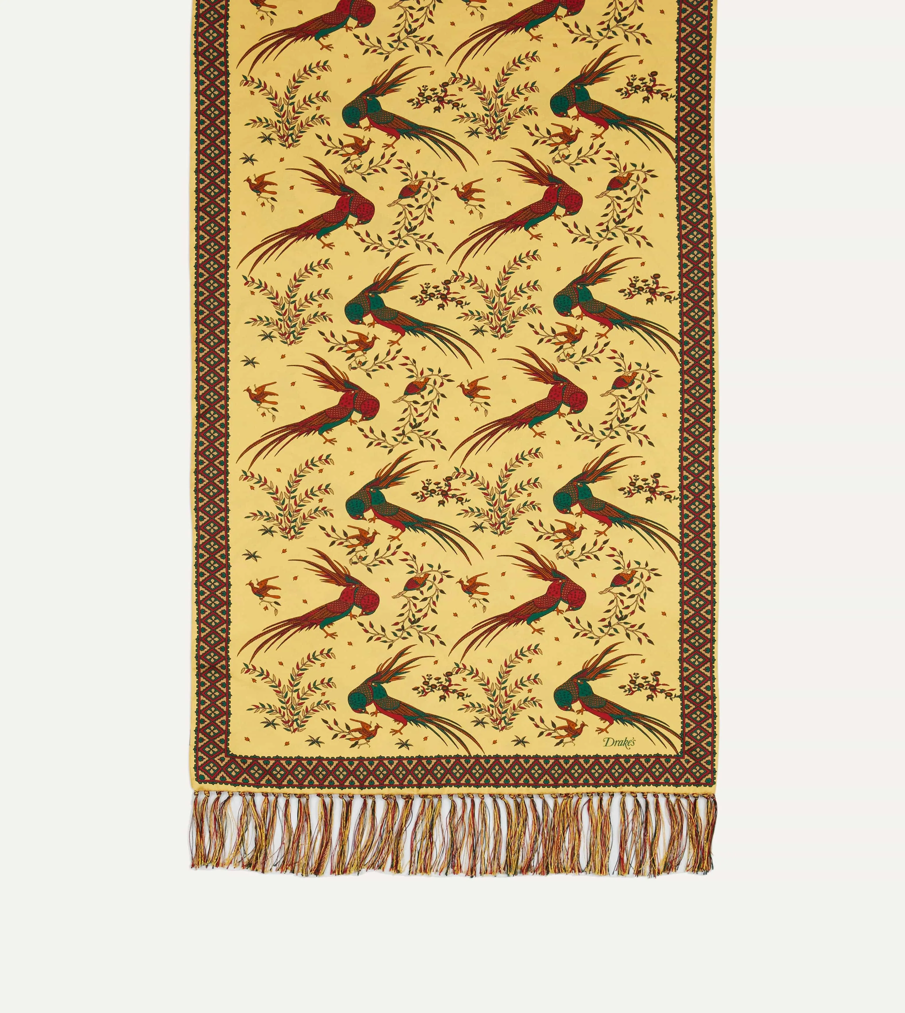 Gold Birds of Paradise Print Tubular Silk Tasselled Scarf sold by Drake's London product image thumbnail 4