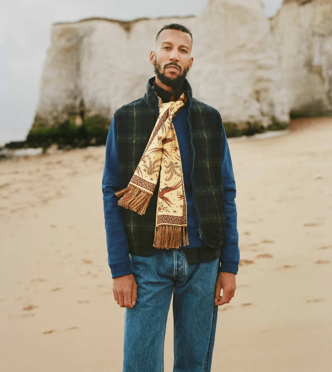 Gold Birds of Paradise Print Tubular Silk Tasselled Scarf sold by Drake's London product image thumbnail 5