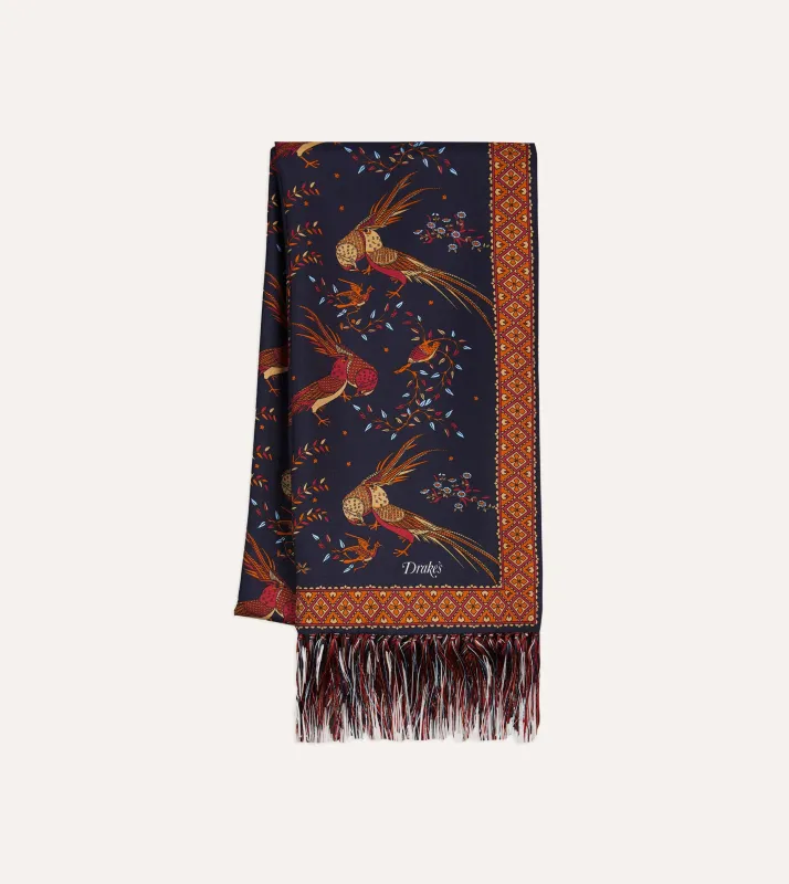 Navy Birds of Paradise Print Tubular Silk Tasselled Scarf sold by Drake's London