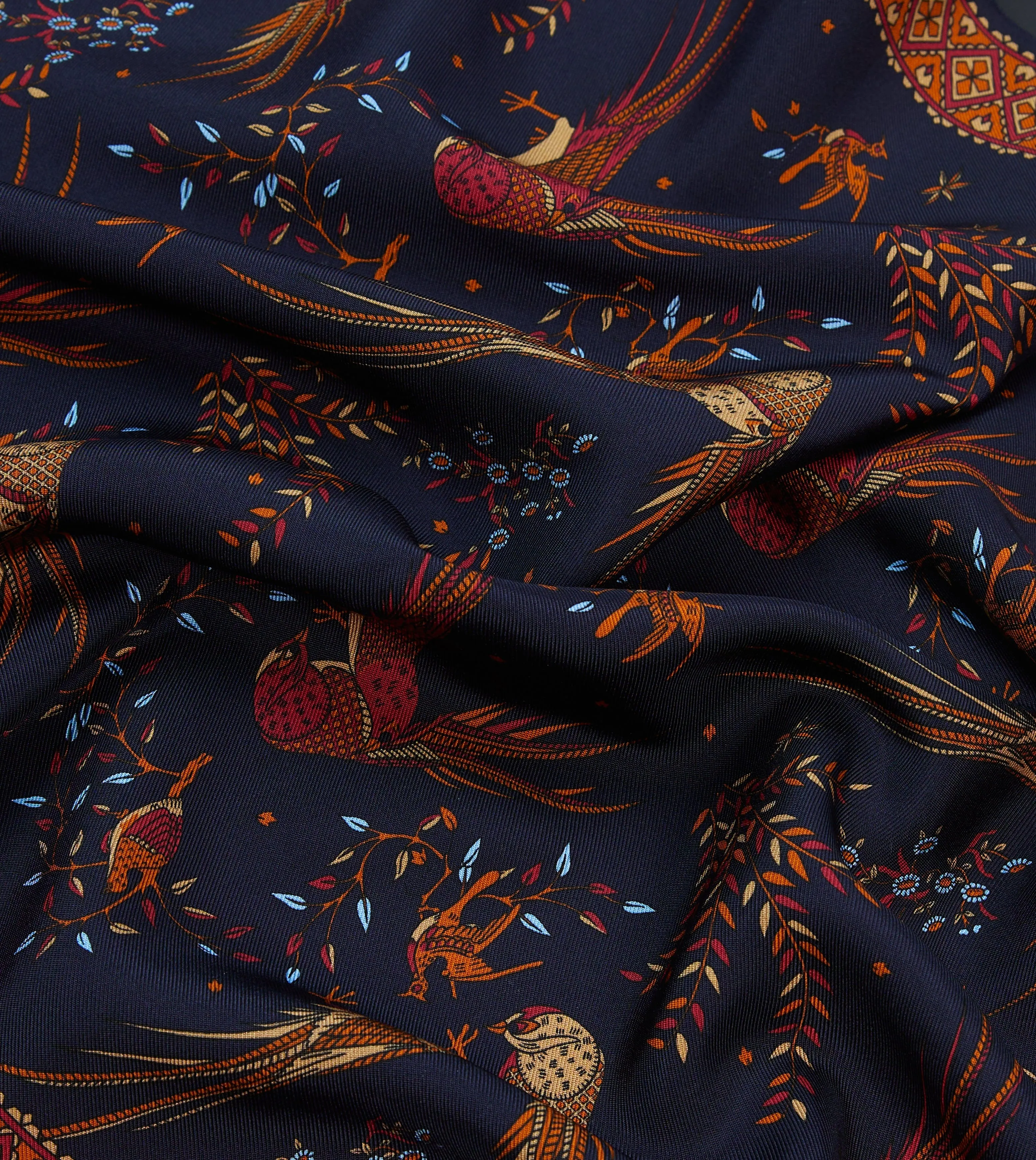 Navy Birds of Paradise Print Tubular Silk Tasselled Scarf sold by Drake's London product image thumbnail 2