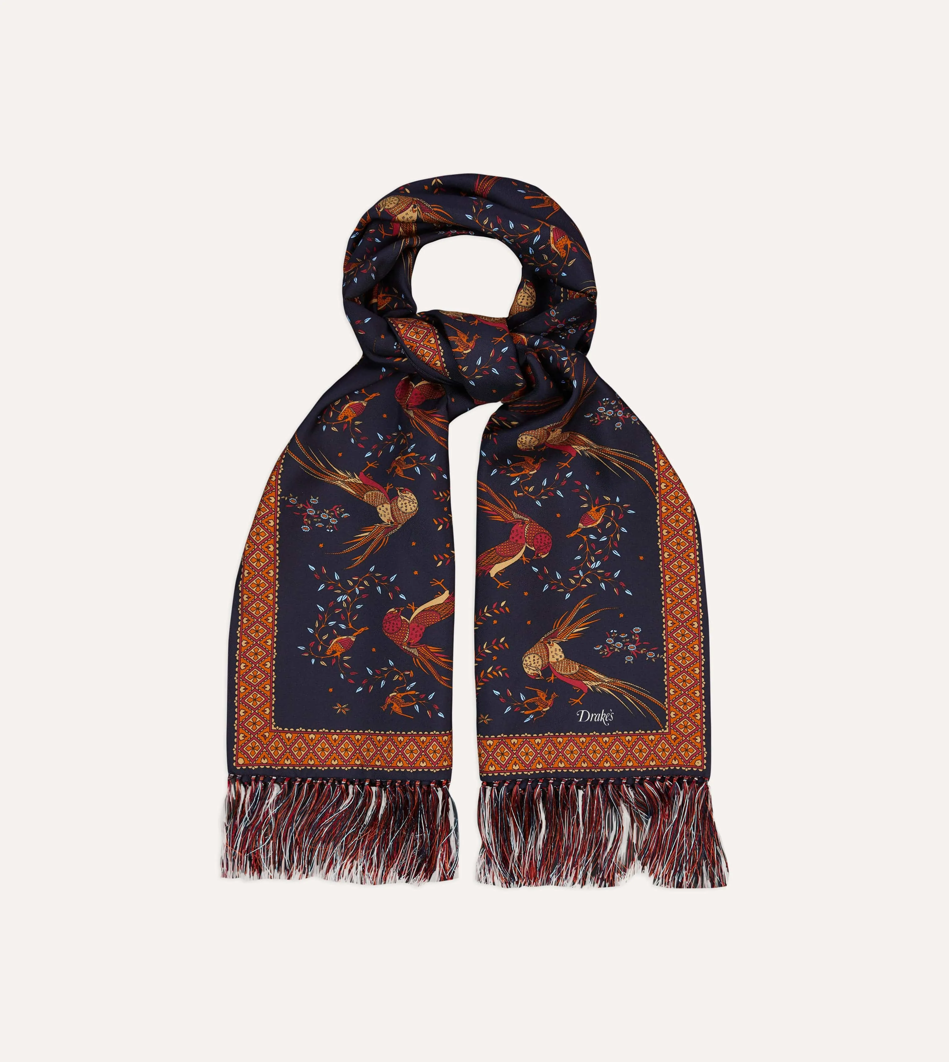 Navy Birds of Paradise Print Tubular Silk Tasselled Scarf sold by Drake's London product image thumbnail 3