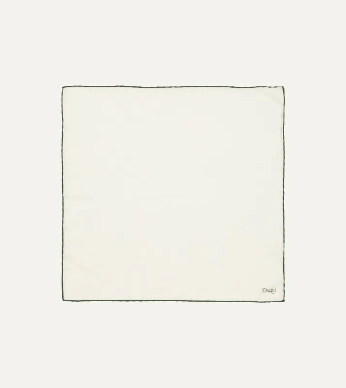 Ivory and Green Shoestring Border Silk Pocket Square sold by Drake's London