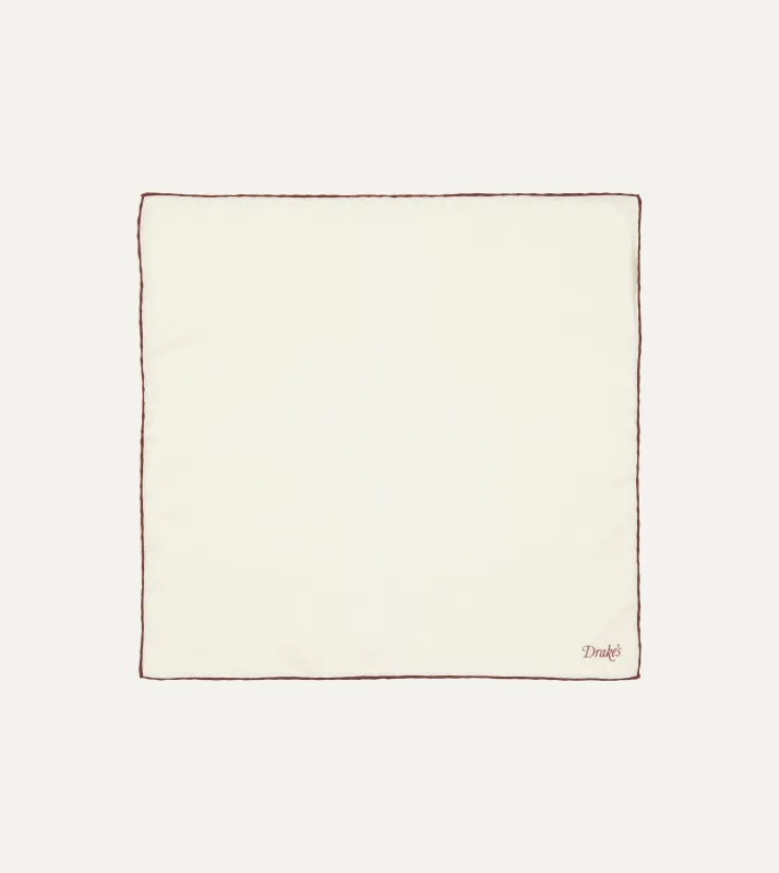 Ivory and Burgundy Shoestring Border Silk Pocket Square sold by Drake's London