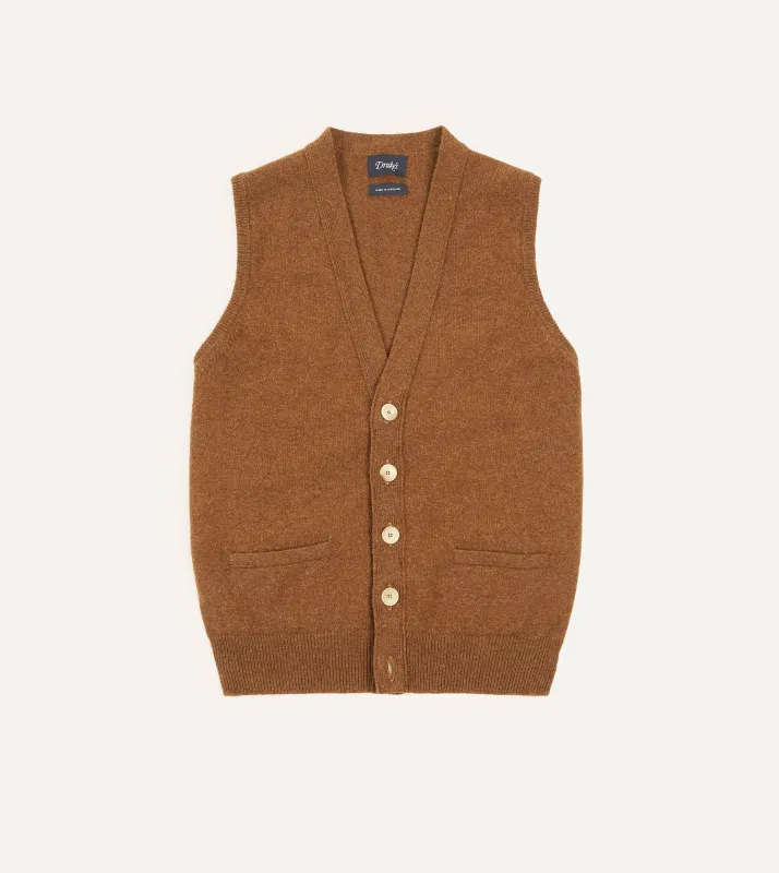 Light Brown Lambswool Sleeveless Cardigan sold by Drake's London