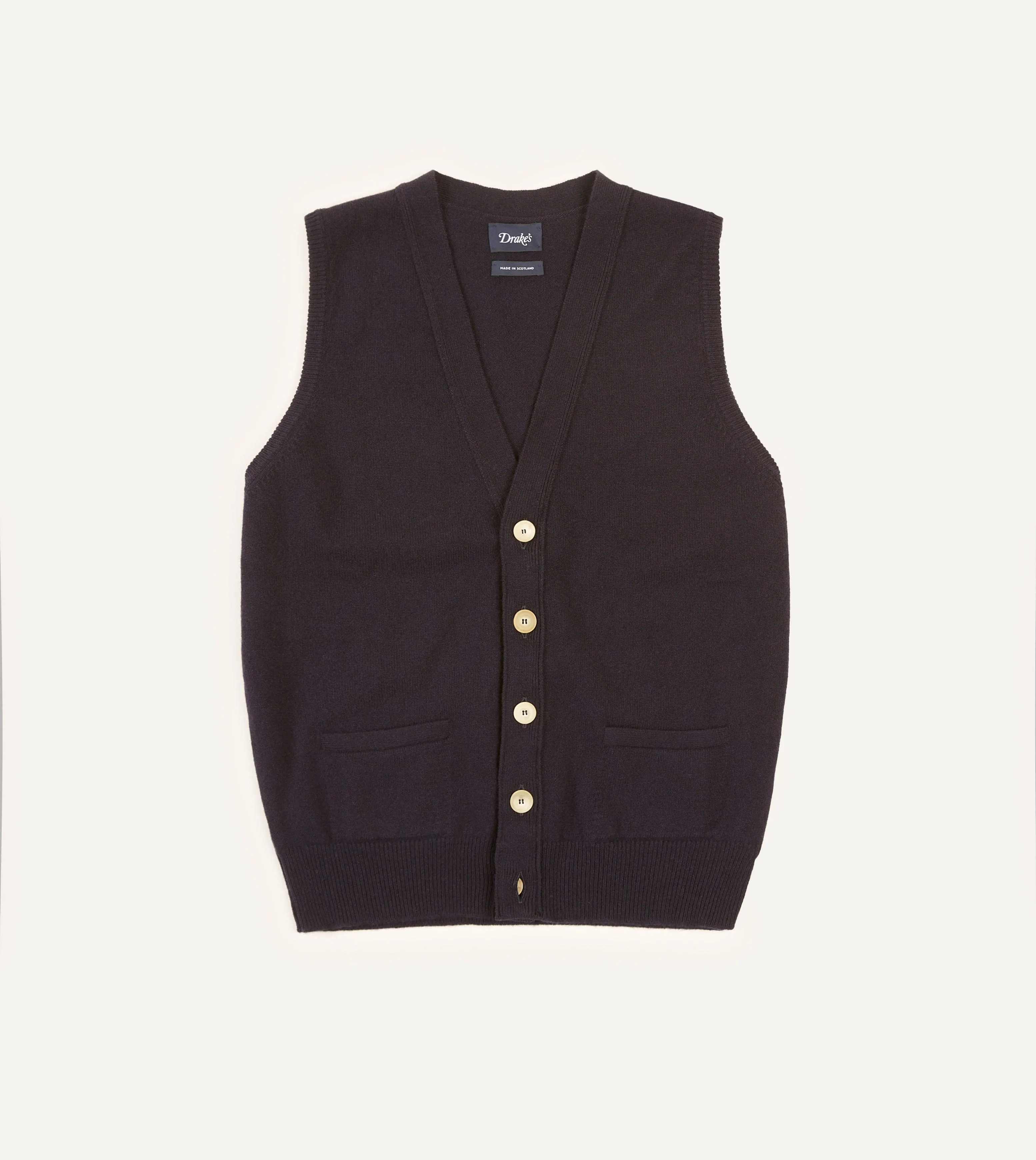 Navy Lambswool Sleeveless Cardigan sold by Drake's London