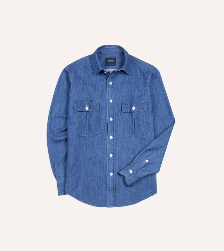 Mid-Blue Washed Denim Cotton Two-Pocket Work Shirt made by Drake's London