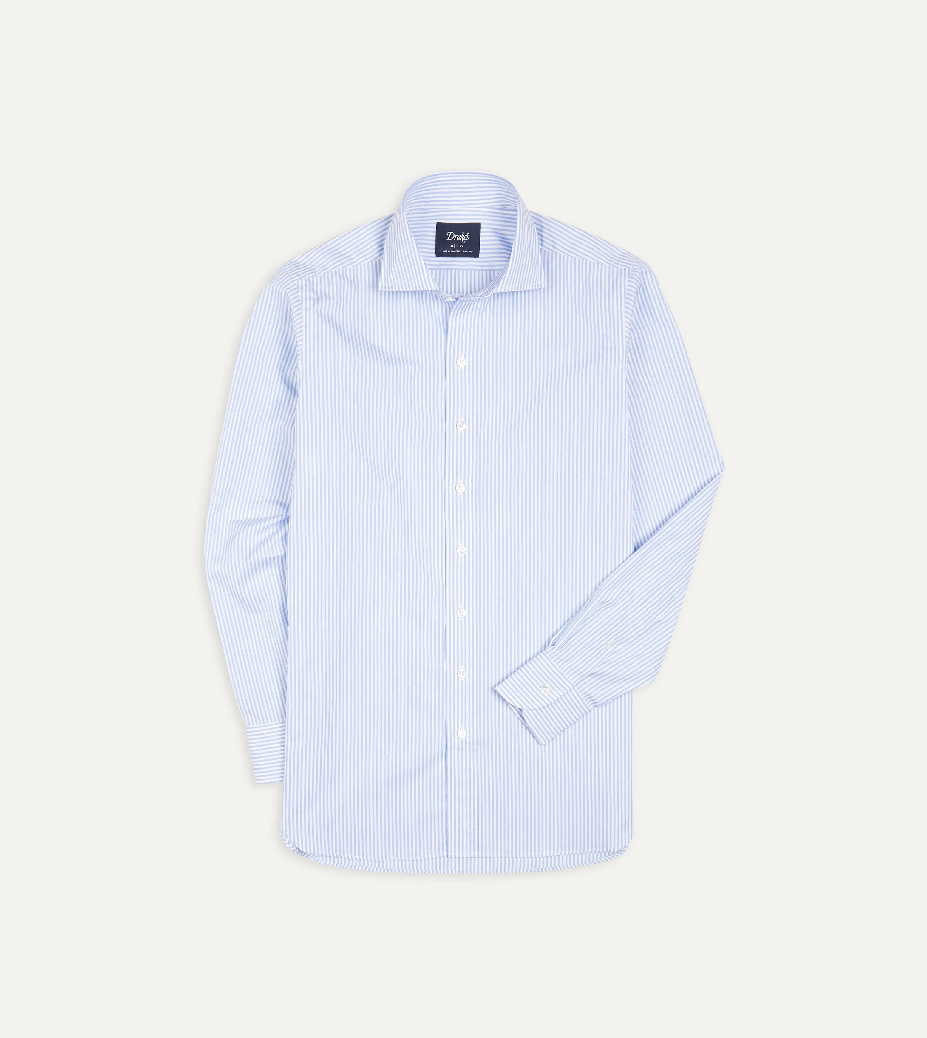 Sky Blue and White Bengal Stripe Spread Collar Cotton Poplin Shirt sold by Drake's London