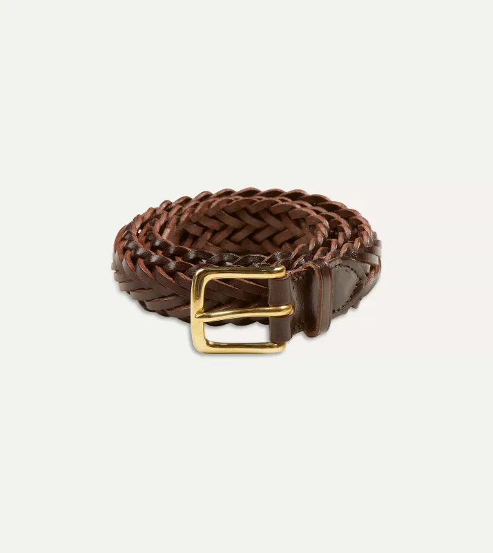 Brown Plaited Bridle Leather Belt with Brass Buckle sold by Drake's London