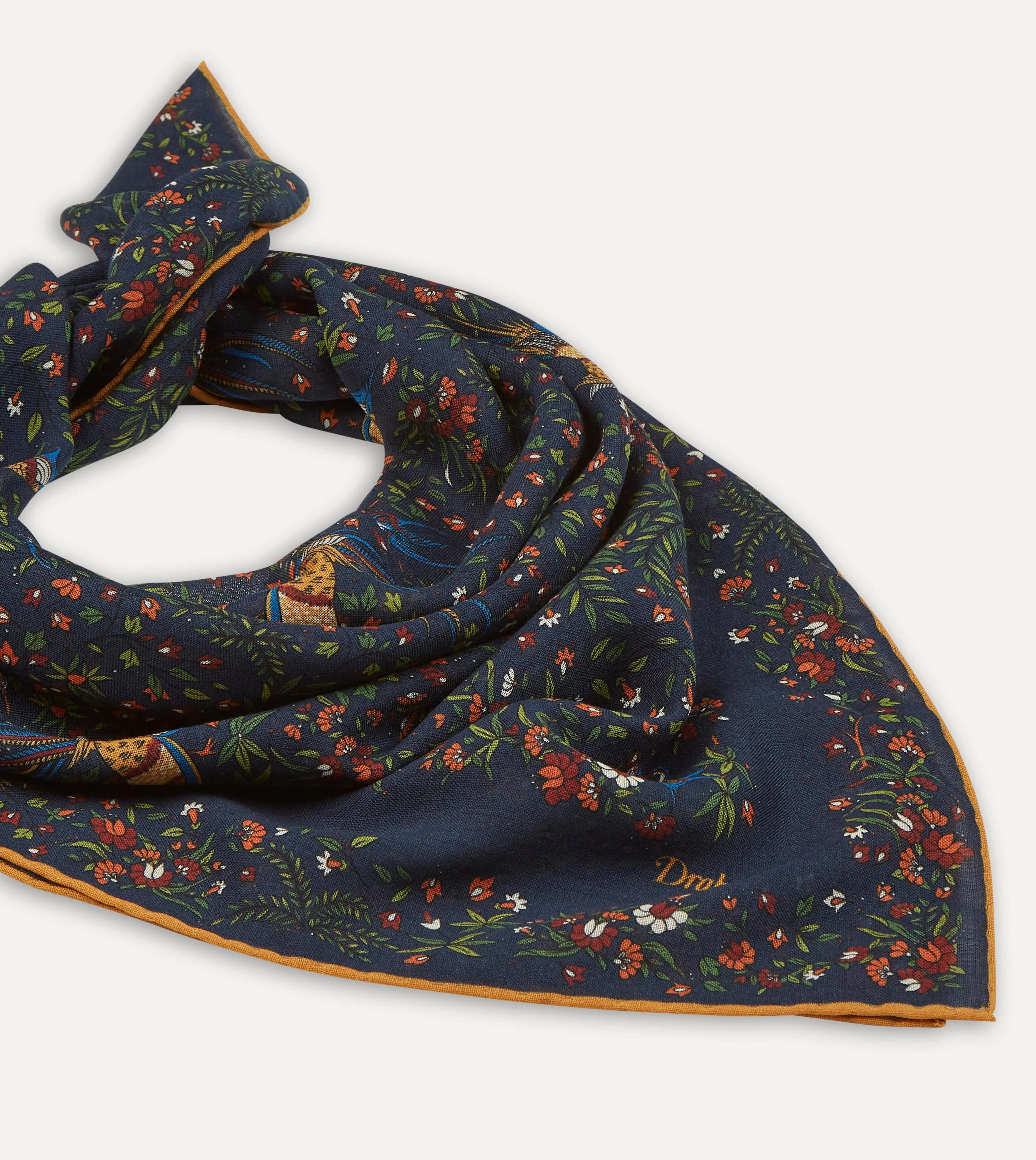Navy Birds of Paradise Print Wool-Silk Square Scarf sold by Drake's London product image thumbnail 3