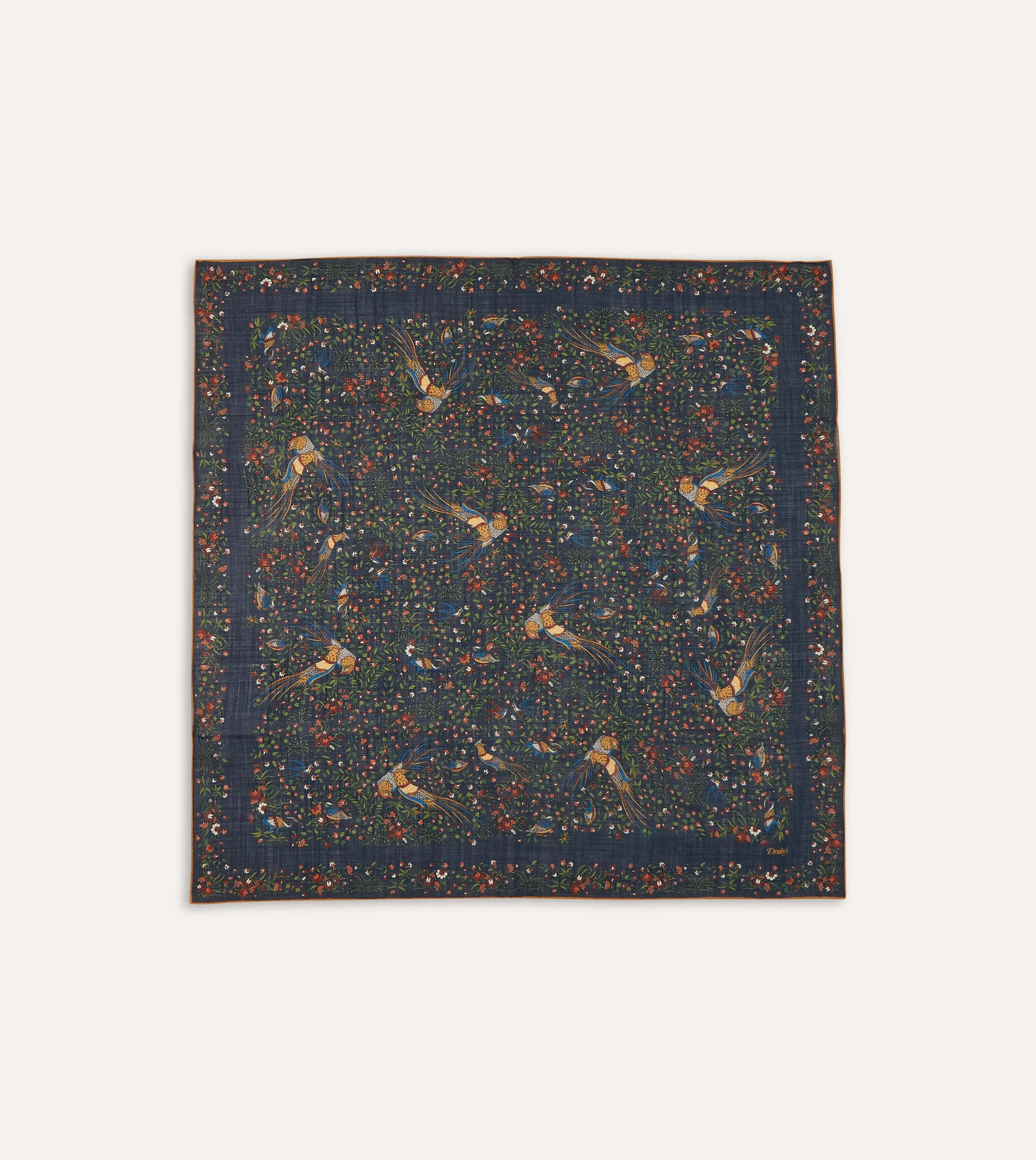 Navy Birds of Paradise Print Wool-Silk Square Scarf sold by Drake's London