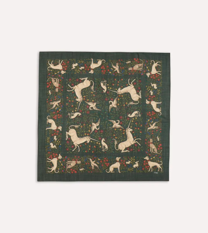 Green Unicorn Print Wool-Silk Square Scarf sold by Drake's London