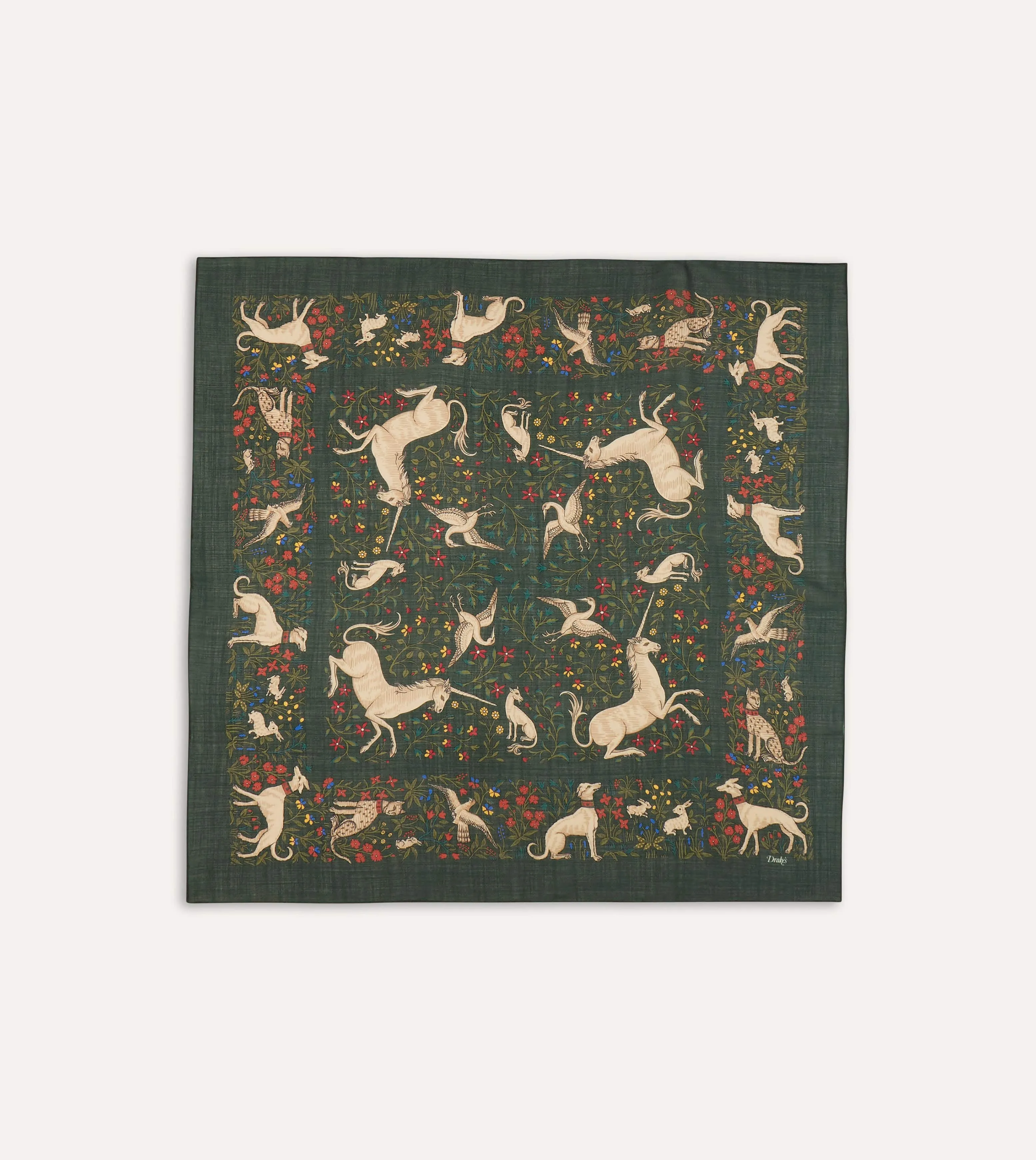 Green Unicorn Print Wool-Silk Square Scarf sold by Drake's London
