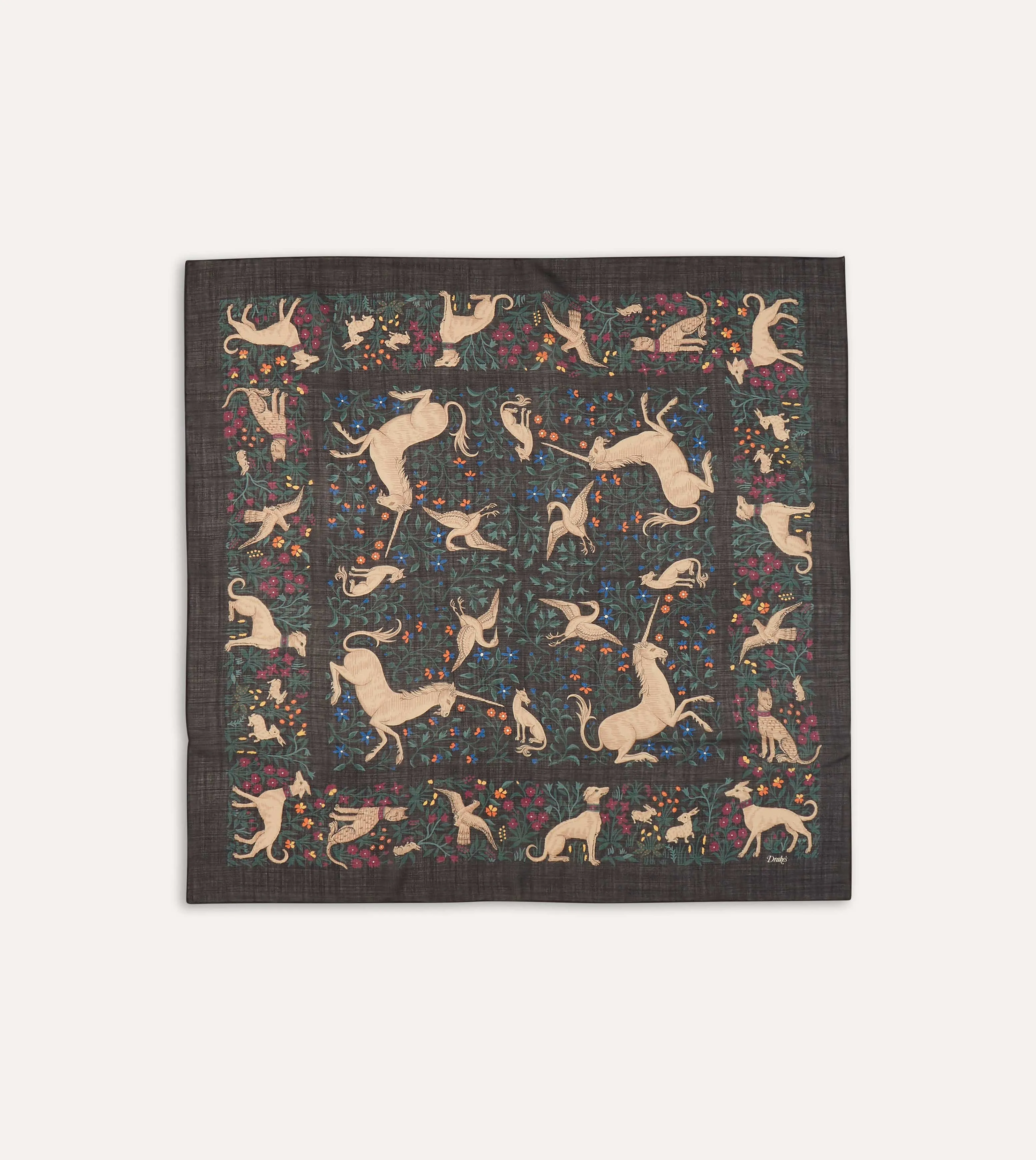 Black Unicorn Print Wool-Silk Square Scarf sold by Drake's London