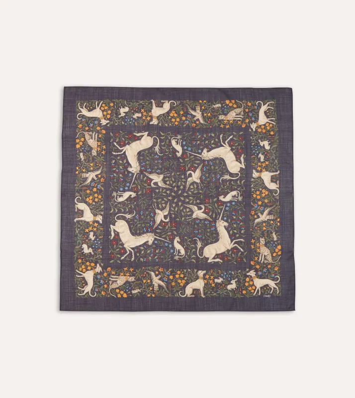 Navy Unicorn Print Wool-Silk Square Scarf sold by Drake's London