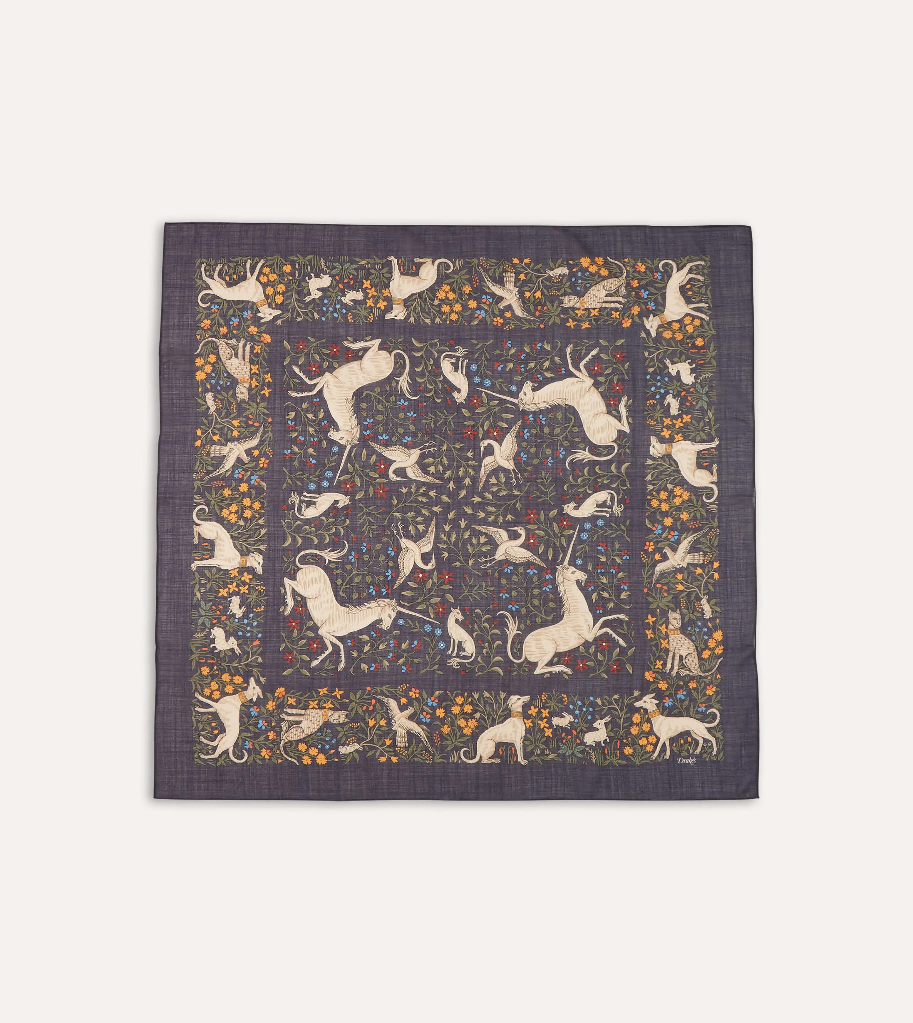Navy Unicorn Print Wool-Silk Square Scarf sold by Drake's London